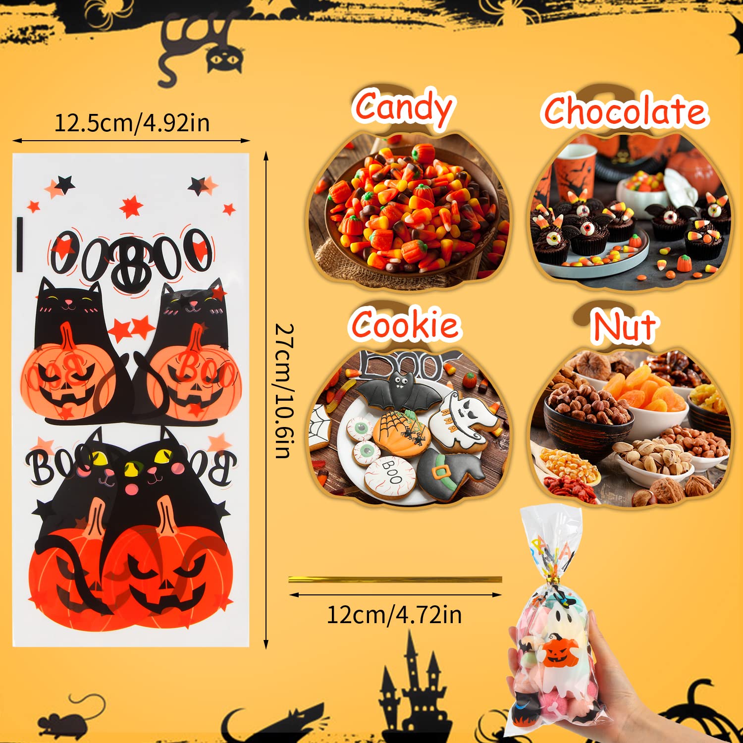 LOKIPA 120PCS Halloween Cellophane Treat Bags - 6 Styles Candy Bags with 150 Twist Ties for Trick or Treat, Halloween Party Favors, Classroom Treats & Goodie Bags