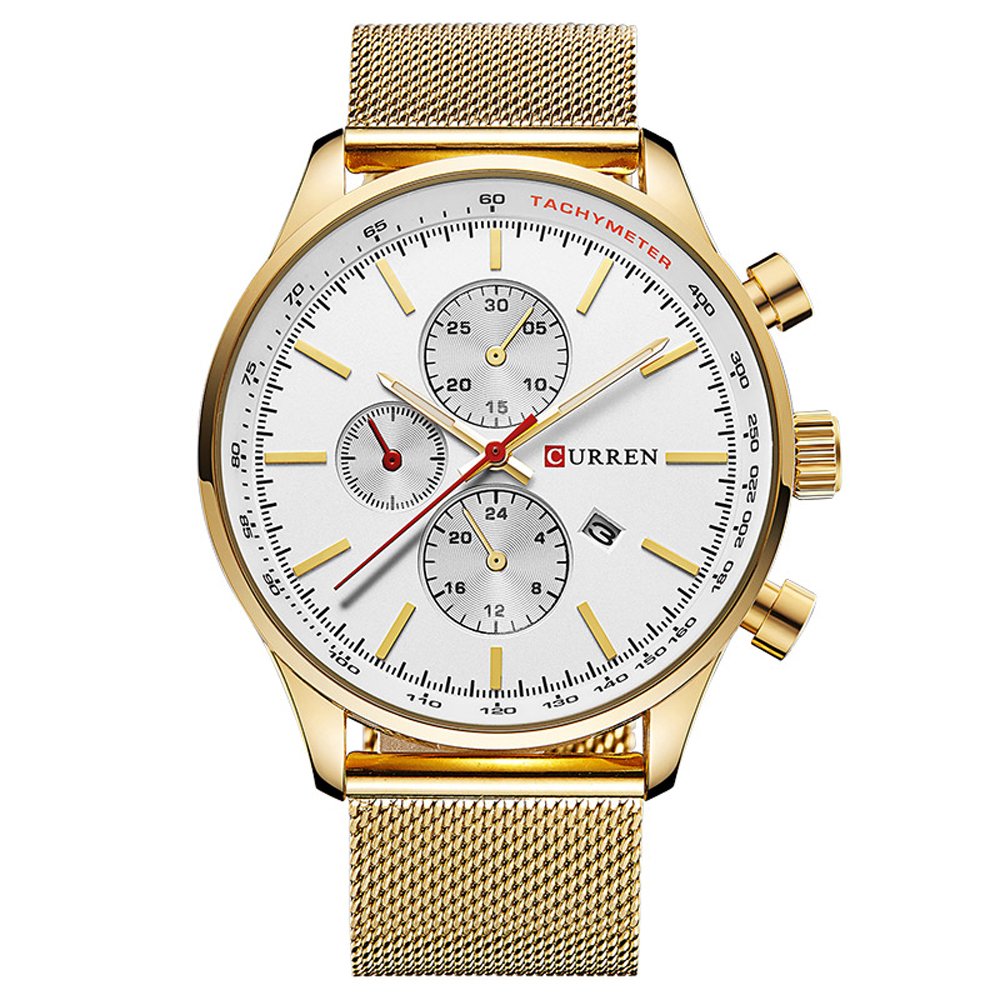 Luxury Men's Stainless Steel Quartz Watch - Waterproof Sport Wristwatch for Casual & Date (Gold/White)