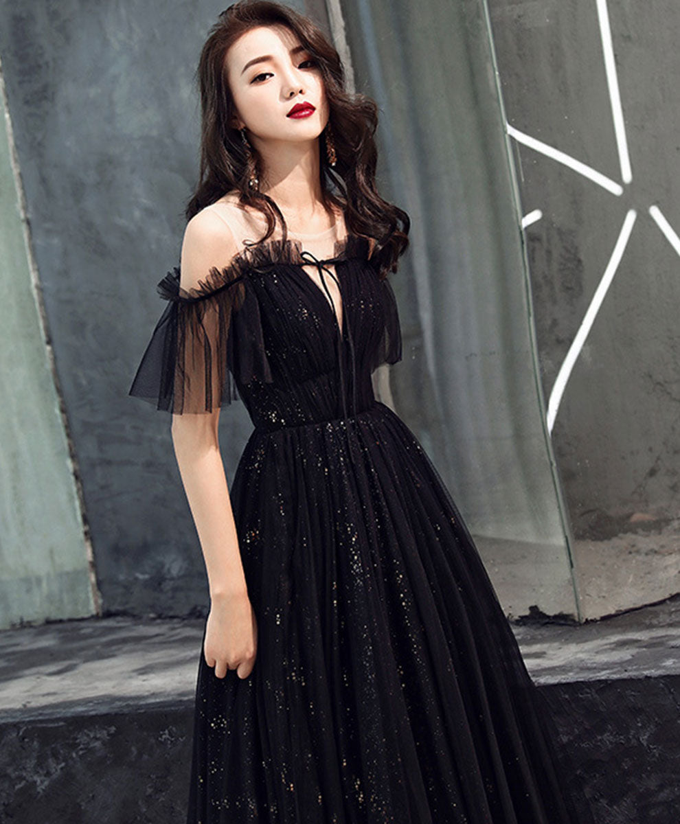 Elegant Black Tulle Off-Shoulder Long Prom Dress for Women - Perfect for Formal Dances, Evening Galas & Special Occasions