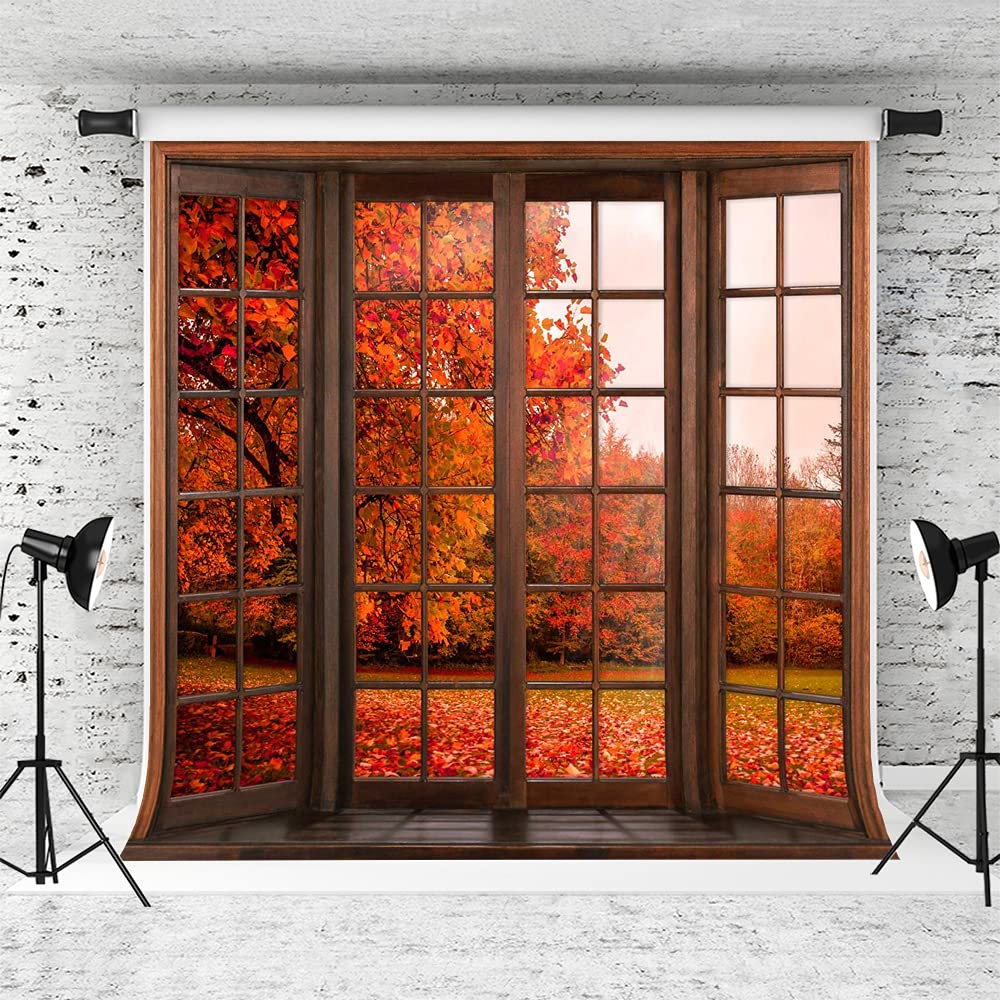 8x8ft Autumn Leaves Photography Backdrop - Fall Foliage Window Scenery Background for Photo Studio, Home Decor & Seasonal Party Decorations | Perfect for Halloween, Thanksgiving & Autumn Photoshoots