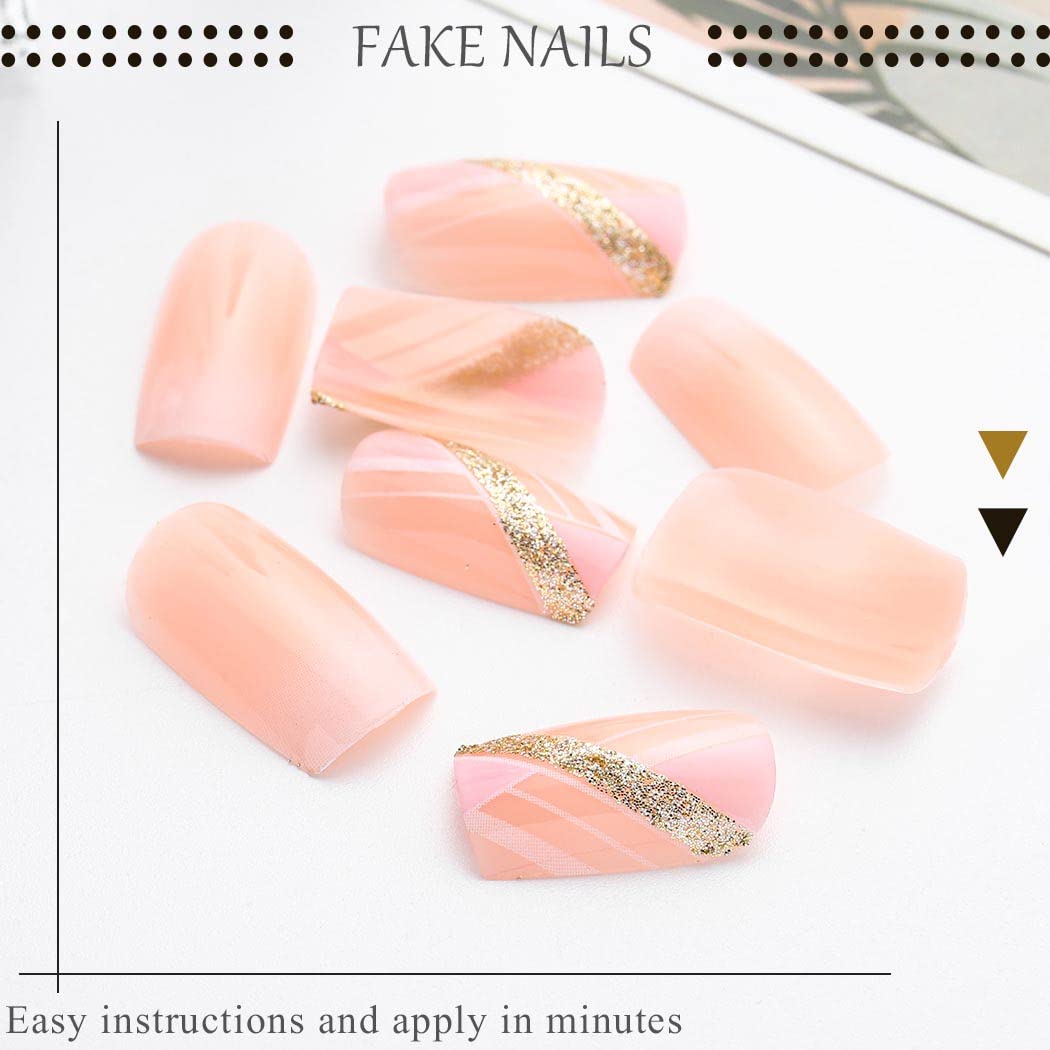 2022 Glossy French Press on Nails - Medium Square Fake Nails with Glitter Sequins & Ombre Pink Design | Full Cover Cute False Nails for DIY Nail Art, Salon & Women's Manicure | Perfect for Parties, Weddings & Daily Wear (Ombre)