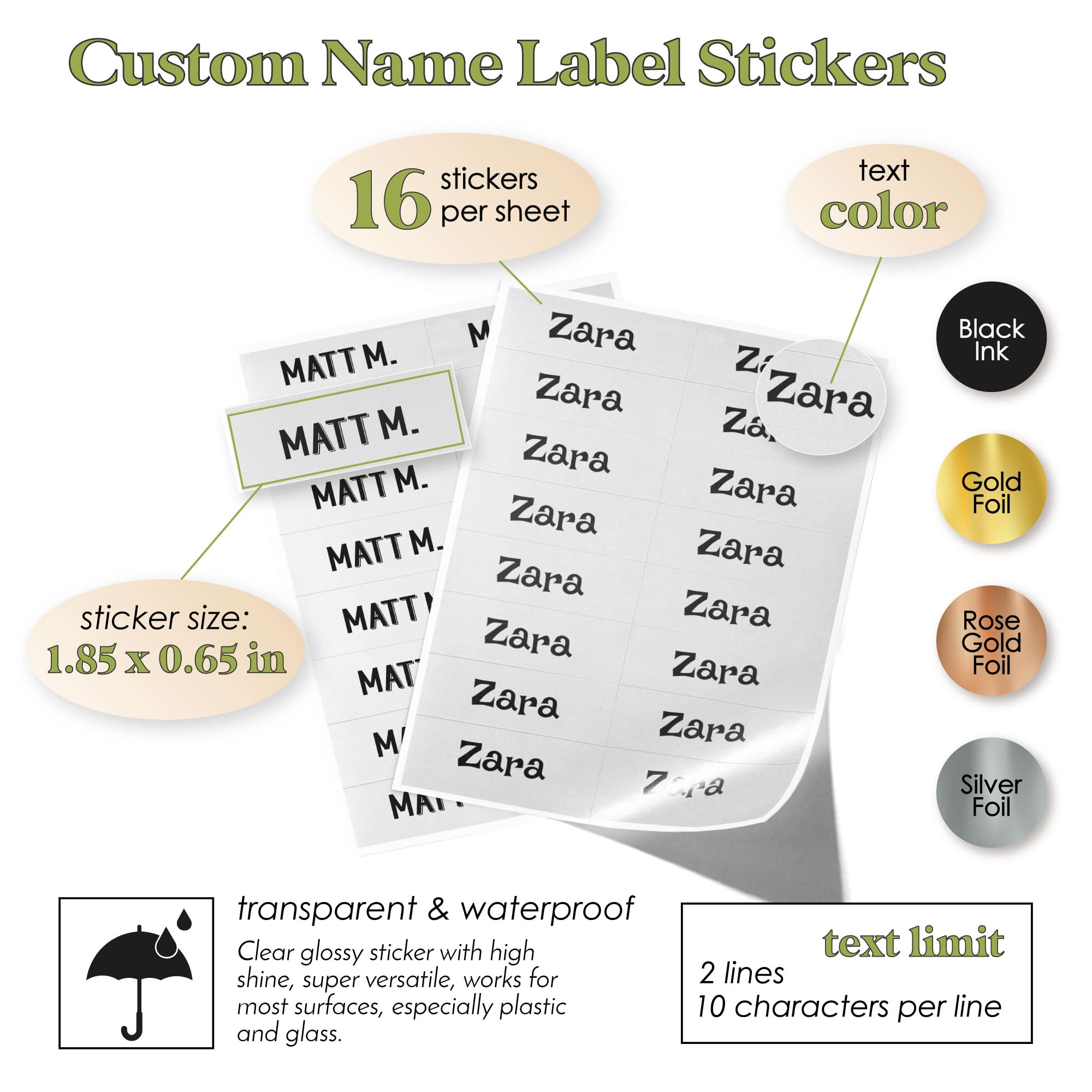 Custom Kids Name Labels - Waterproof Personalized Name Stickers for School, Daycare & Camp - Gold Foil Black Ink - Perfect for Lunchboxes, Bottles & Backpacks