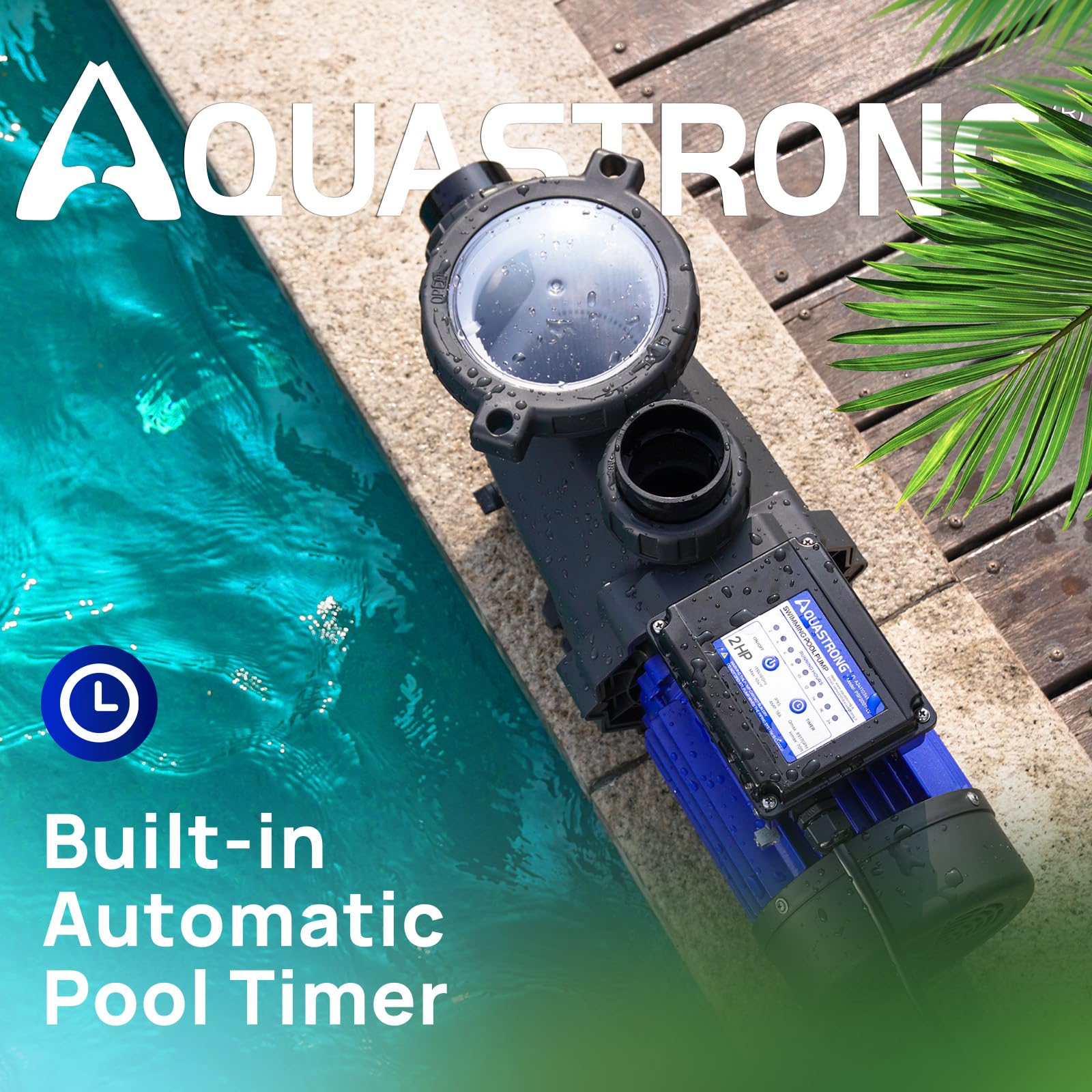 AQUASTRONG 2HP High Flow In-Ground & Above Ground Pool Pump with Timer - 8917 GPH, 115V - Perfect for Backyard Swimming Pools, Spas & Water Features