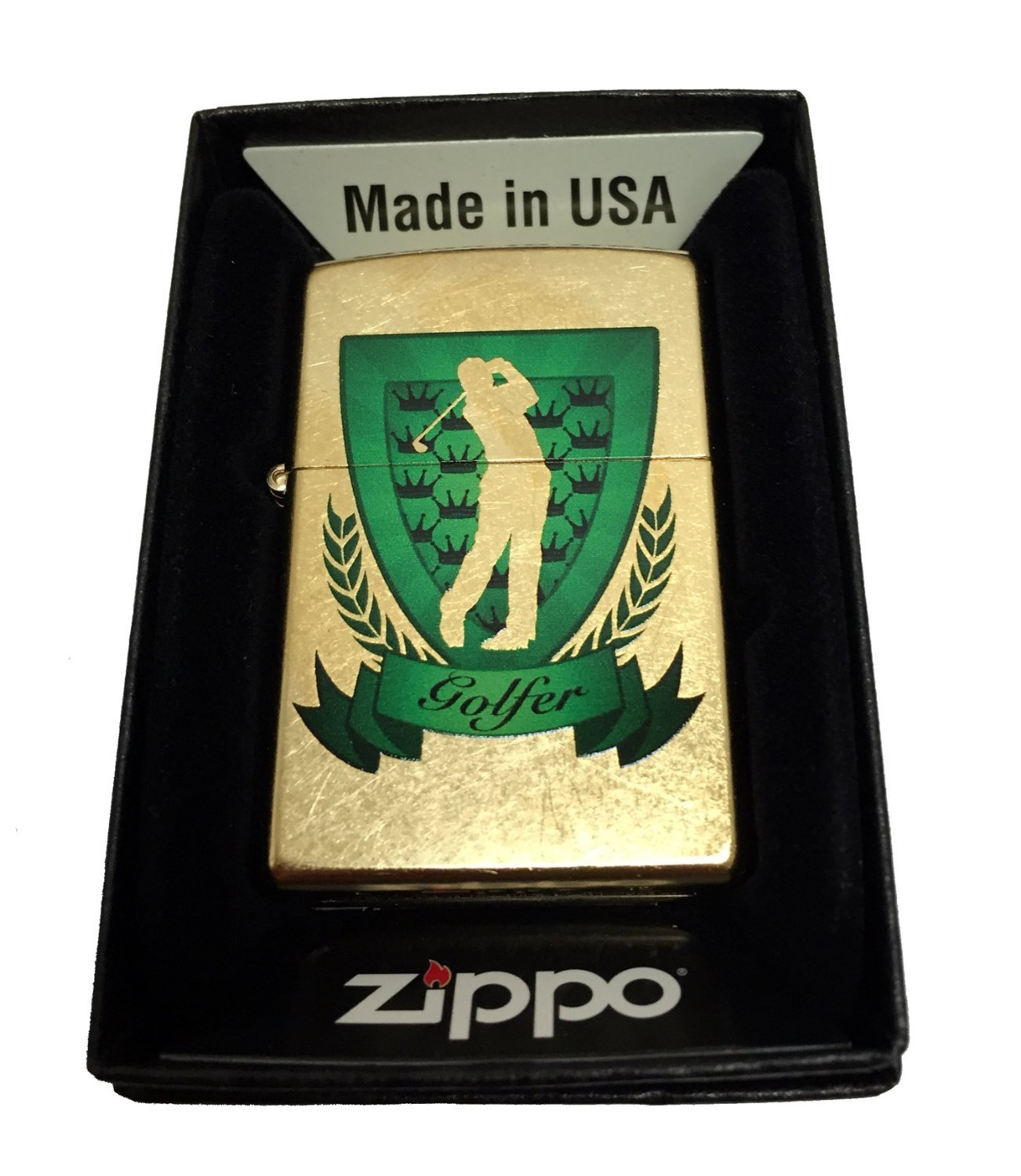 Zippo Custom Lighter - Golfer Green Shield with Silhouette - Regular Gold Dust - Windproof Refillable Lighter for Golfers, Camping, Outdoor Activities & Collectors