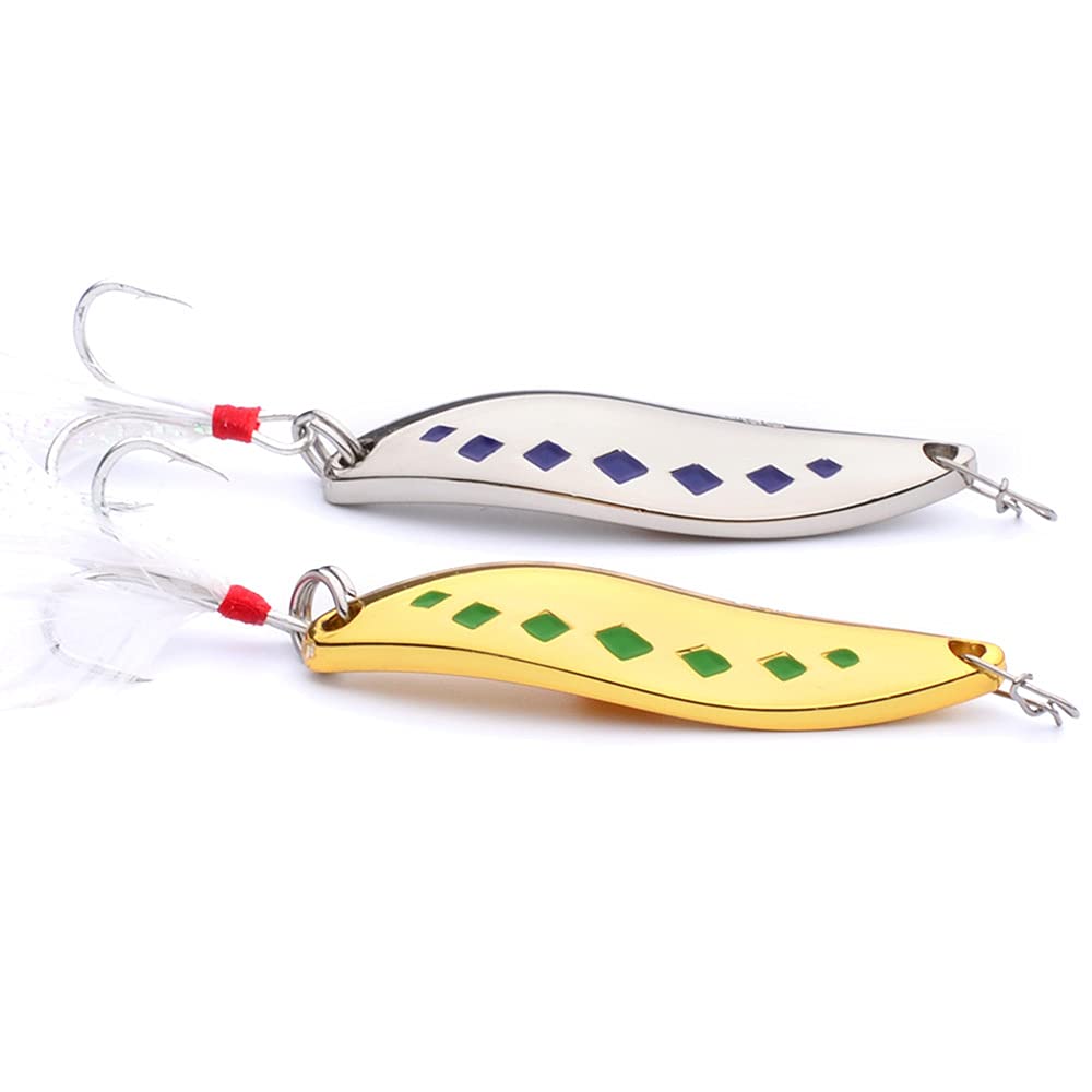 2Pcs Fishing Spoon Lures with Feather Hooks - Gold & Silver Hard Metal Wobble Baits for Bass, Trout, Walleye | Freshwater & Saltwater Fishing Tackle | Ideal for Deep/Shallow Water, Casting, Trolling & Jigging
