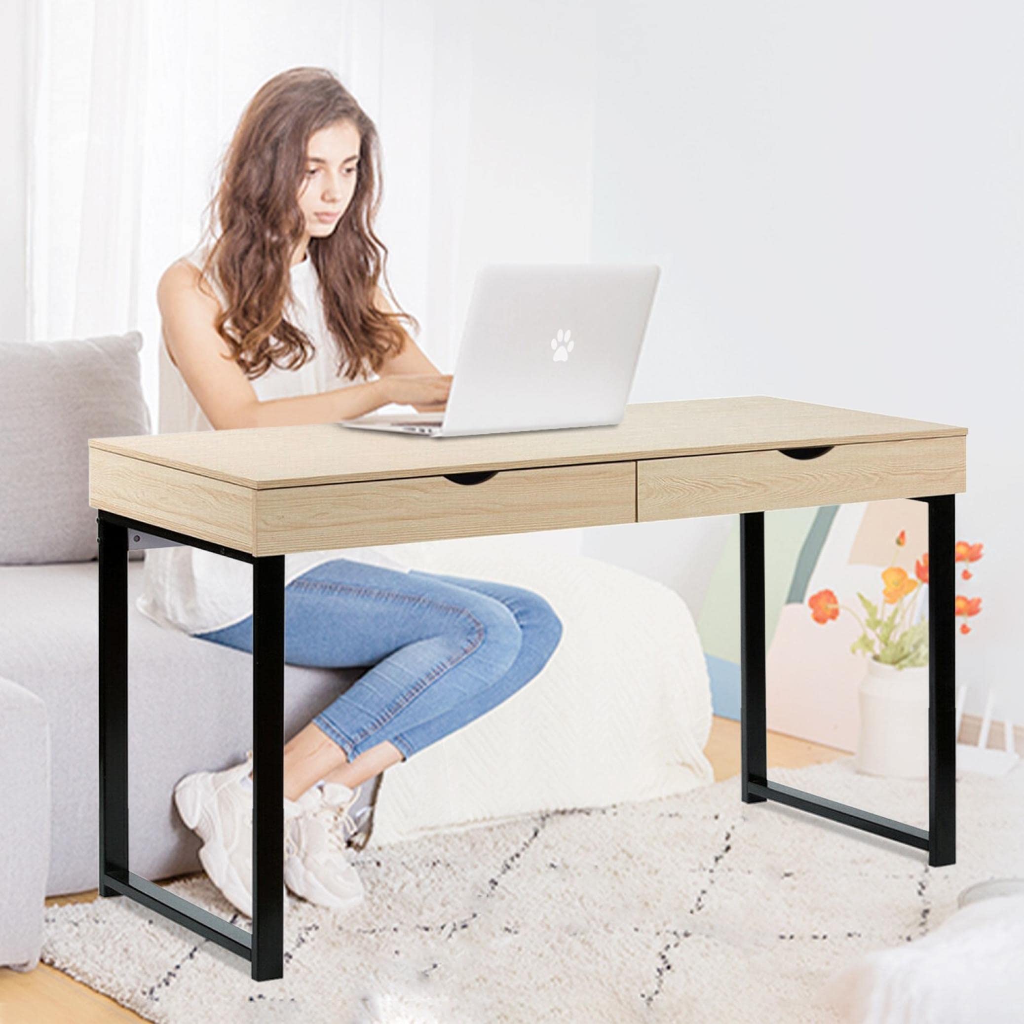 AIBEN 47 Inch Home Office Desk with 2 Storage Drawers - Modern Computer Writing Desk, Study Laptop Table for Students & Professionals - Space Saving Makeup Vanity Console for Bedroom & Office (White, 47.2