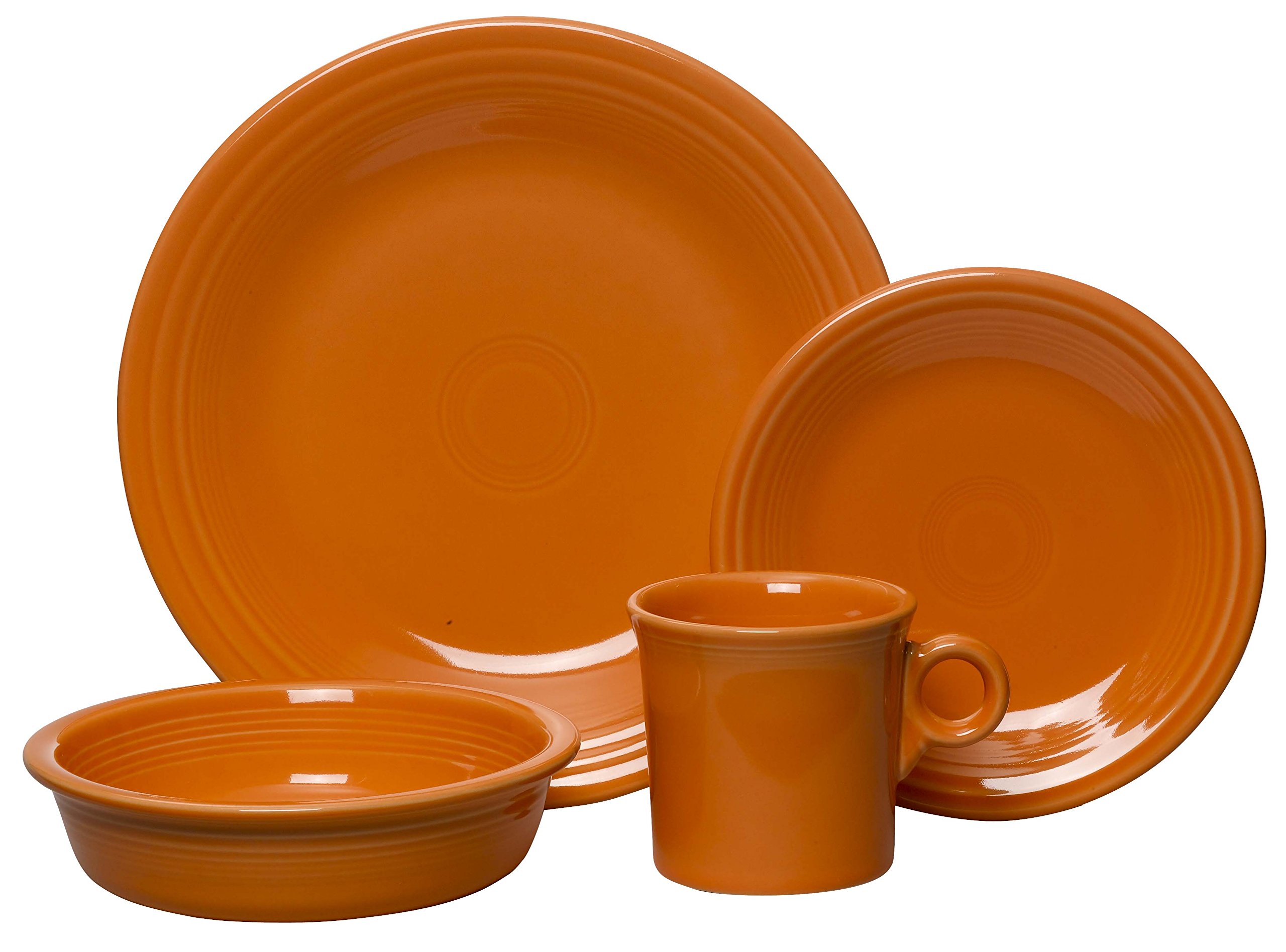 Vibrant Fiesta 4-Piece Dinnerware Set in Tangerine Orange - Perfect for Parties, Holidays & Everyday Dining | Durable Stoneware Plates, Bowls & Mugs