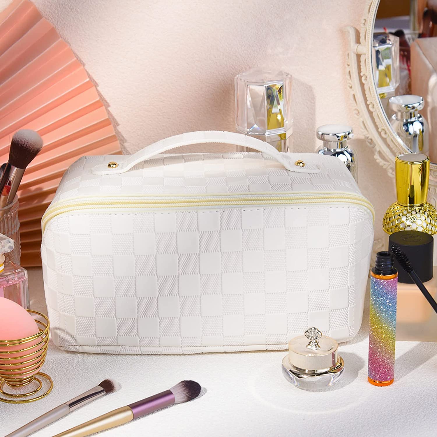 Flywind Large Capacity Travel Cosmetic Bag - Waterproof Checkered Leather Makeup Organizer for Women | Portable Toiletry Bag with Multiple Pockets | Perfect for Airplane Carry-on, Gym, Vacation & Daily Use (Checkered White)