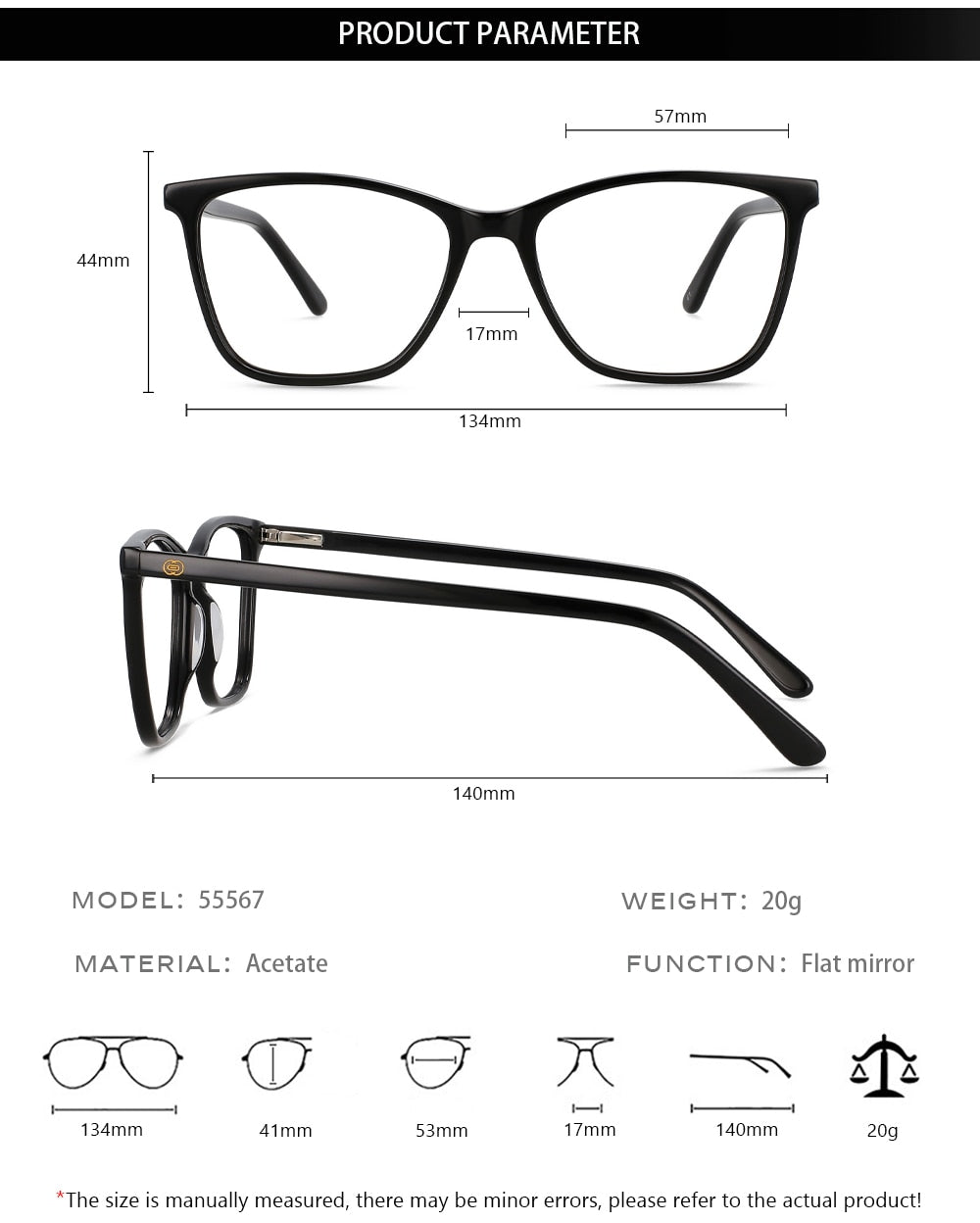 CCspace Unisex Full Rim Square Cat Eye Acetate Eyeglasses Frame 55567 - Stylish Retro Glasses for Men & Women, Perfect for Office, Reading & Fashion Accessories