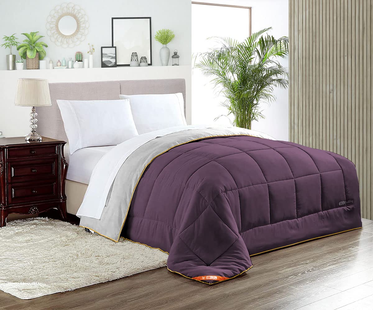 Premium Down Alternative Twin XL Comforter - 300 GSM Plush Siliconized Fiberfill, Light Grey/Plum, Box Stitched Quilted Design with Golden Piping | Ultra Soft Hypoallergenic Duvet Insert for Bedroom, Guest Room & Dorm | All-Season Fluffy Comfort for Cold Nights