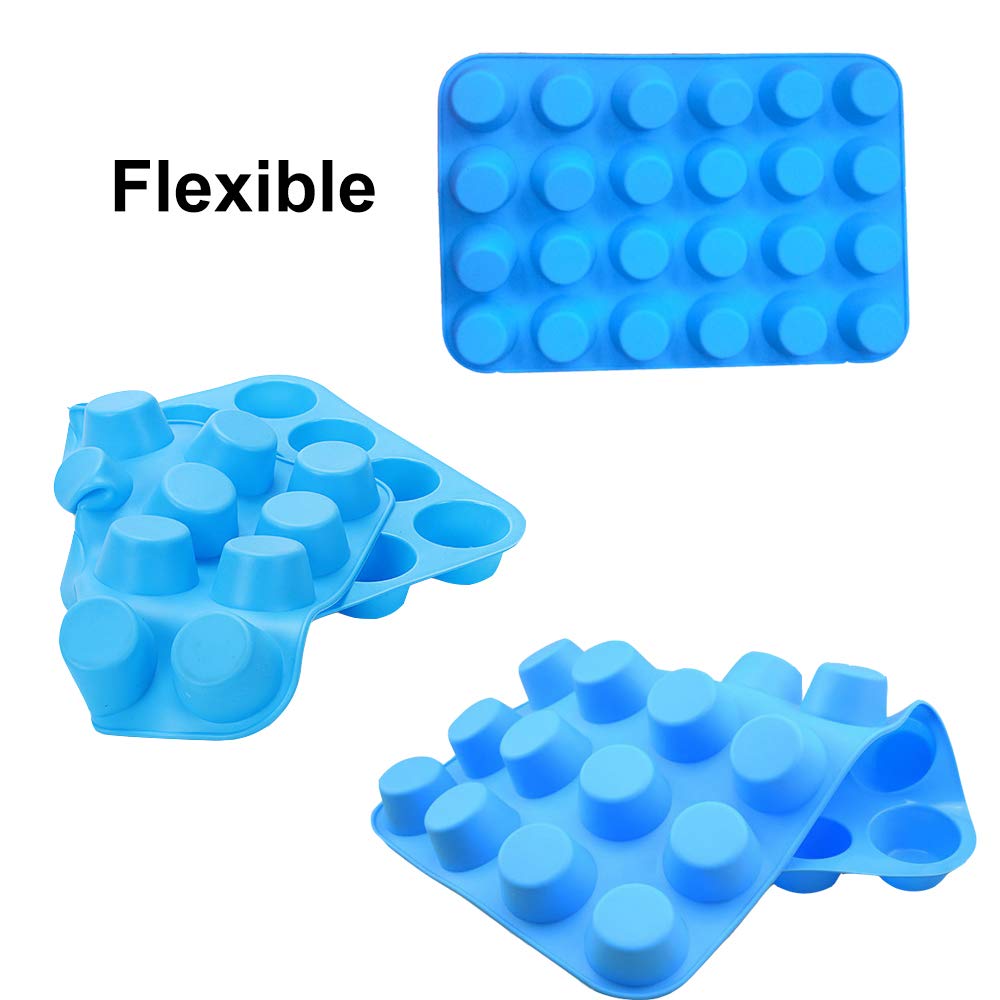 Qtopun 4-Pack Silicone Mini Muffin Pan - 24 Cups Non-Stick Baking Mold for Cupcakes, Muffins & Desserts - Perfect for Home Baking, Party Treats & Holiday Cooking (Blue)