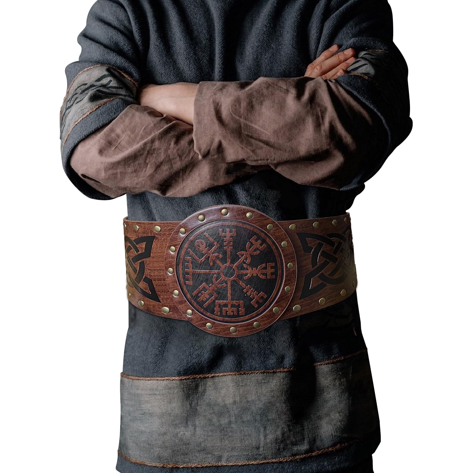 Viking Embossed Wide Belt - Nordic Faux Leather Armor Belt for LARP, Cosplay & Halloween Costume | Medieval Knight Corset Belt (Brown) - Perfect for Renaissance Faires, Viking Reenactments & Fantasy Events
