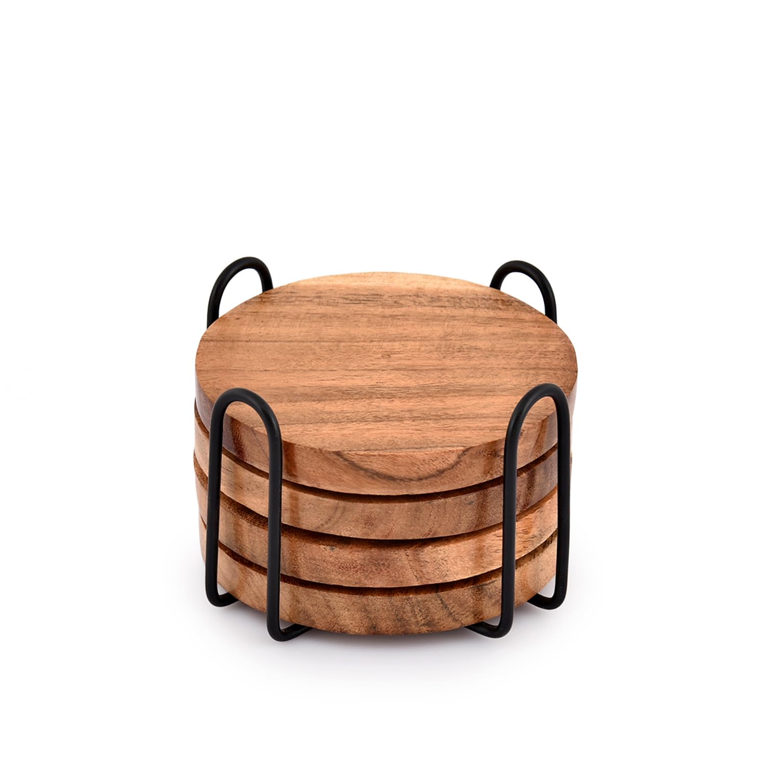Premium Acacia Wood Drink Coasters Set of 4 with Iron Holder Stand - Natural Wooden Coasters for Coffee Tables, Bars & Home Decor - Protect Your Furniture from Water Rings & Heat Stains (Ideal for Coffee, Wine & Cocktail Parties)