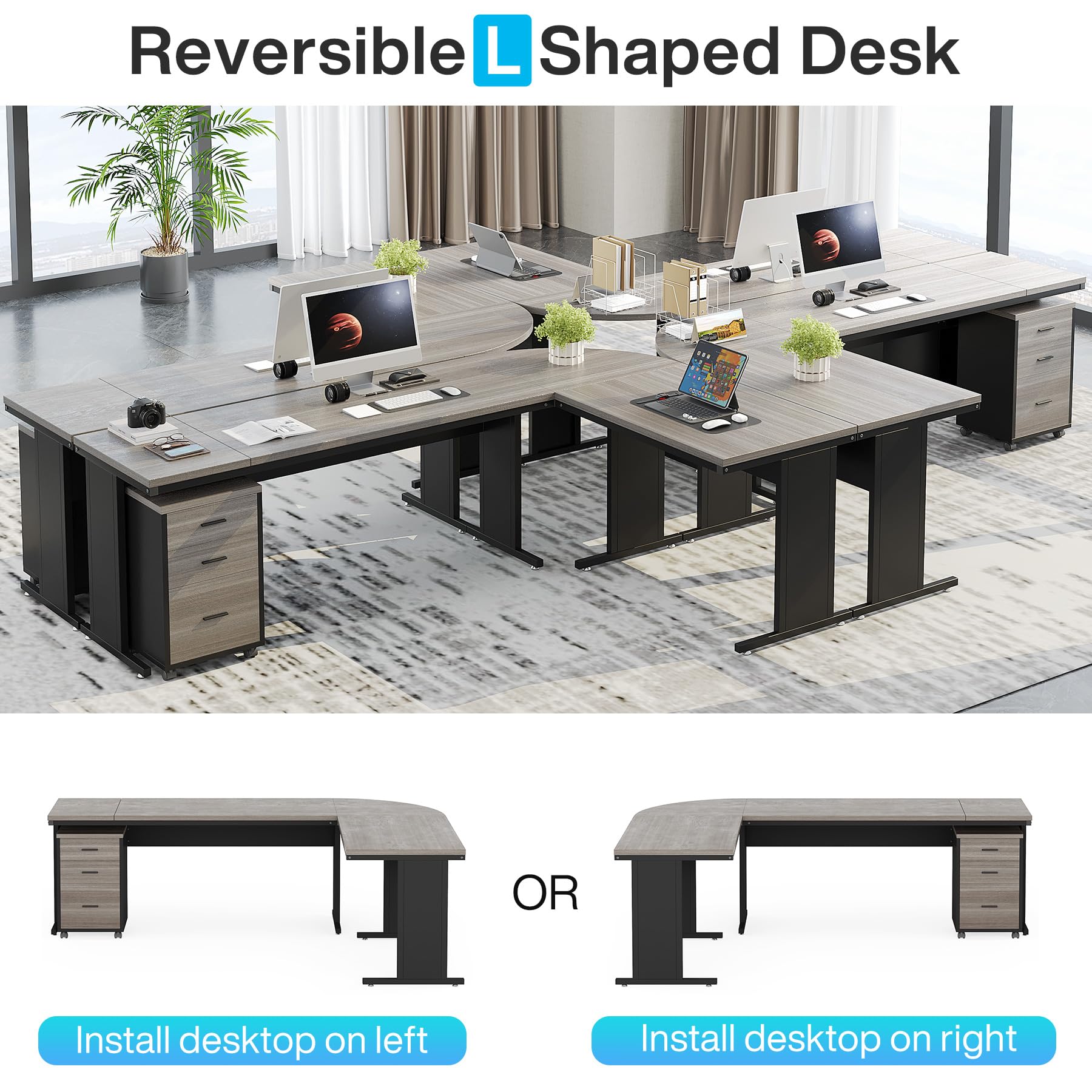 Tribesigns 83 Inch L-Shaped Executive Desk with File Cabinet & Drawers - Large L-Shaped Computer Desk for Home Office, Business Workstation - Modern Gray Office Furniture for Productivity & Organization