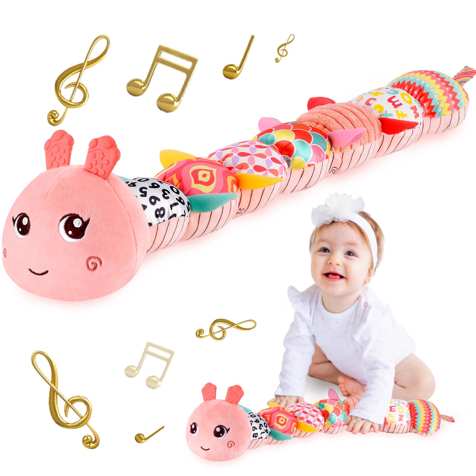 Soft Musical Stuffed Caterpillar Toy for Babies 0-12 Months - Multi-Sensory Developmental Activity Toy with Crinkle, Rattle & Textures (Pink) - Perfect for Tummy Time, Sensory Play & Early Learning