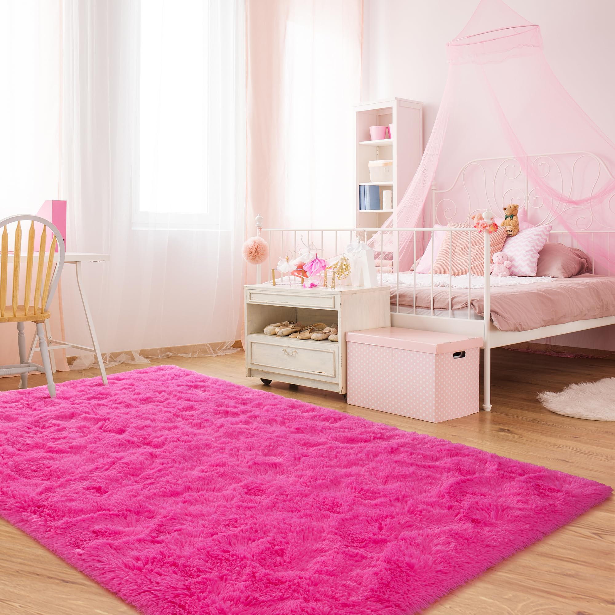 Fluffy 3x5 Hot Pink Shaggy Area Rug - Soft Plush Bedroom Carpet for Girls, Kids Room & Dorm Decor - Thick Fuzzy Living Room Rug - Cozy Floor Mat for Aesthetic Home, Nursery & Playroom Decor