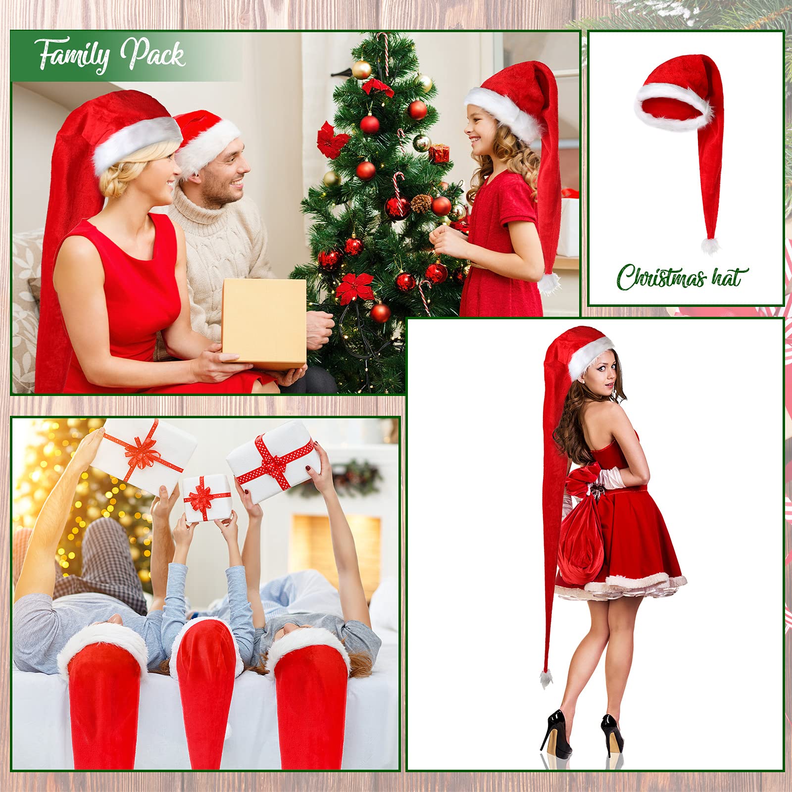3-Piece Extra Long Christmas Santa Hats - Red & White Plush Santa Claus Hats for Holiday Parties, Xmas Decorations & Festive Family Gatherings