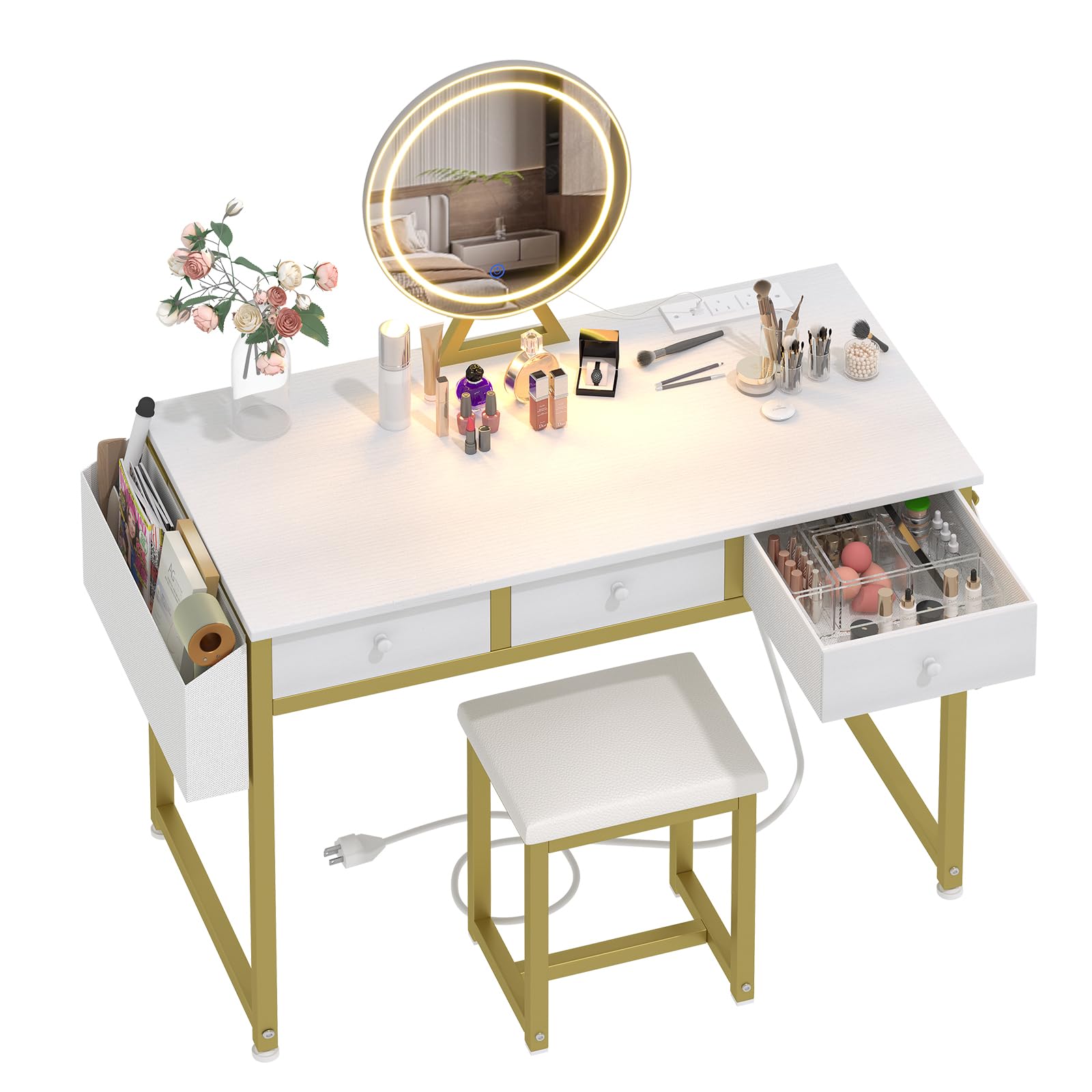Lufeiya 40 Inch White and Gold Makeup Vanity Desk Set with LED Lights, Mirror, Fabric Drawers & USB Charging Station - Dressing Table with Chair for Bedroom, Girls Room Decor - Perfect for Beauty Routines, Makeup Application and Home Organization
