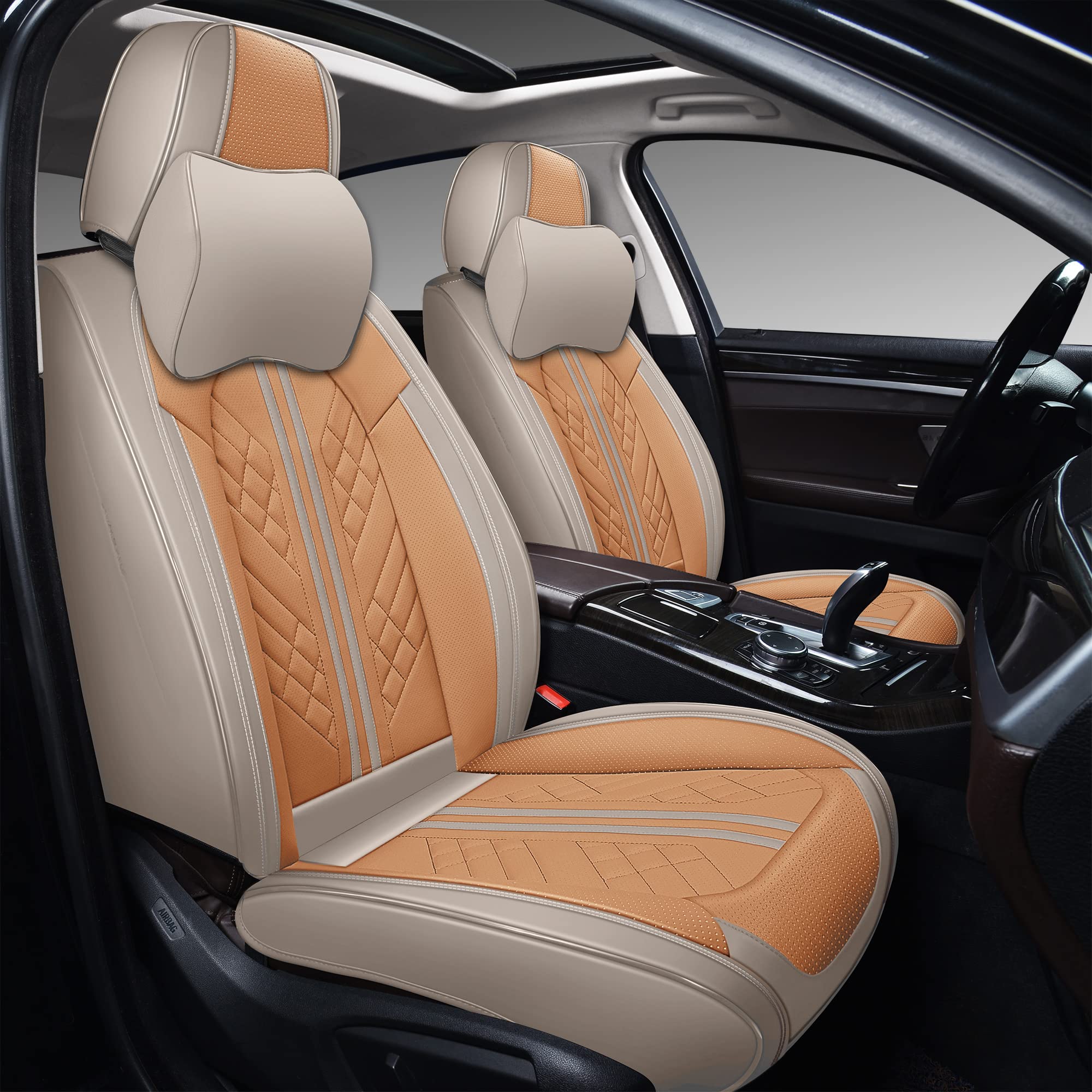 Premium GXT Deluxe Faux Leather Car Seat Covers - Universal Fit for Sedans, SUVs & Trucks - Anti-Slip Full Coverage Design with Headrests (Khaki/Orange) - Durable Interior Accessories for Comfort & Style - Perfect for Daily Commutes, Road Trips & Vehicle Protection
