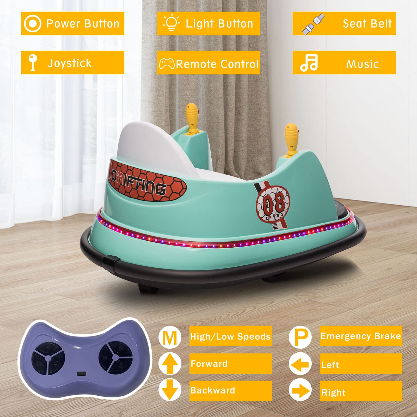 6V Battery Powered Kids Ride-On Bumper Car with Remote Control | Electric Toy Vehicle with Music, Safety Belt, LED Lights & 360° Spin | Perfect Birthday Gift for Boys & Girls (Turquoise) | Indoor & Outdoor Play, Backyard Fun, Birthday Parties
