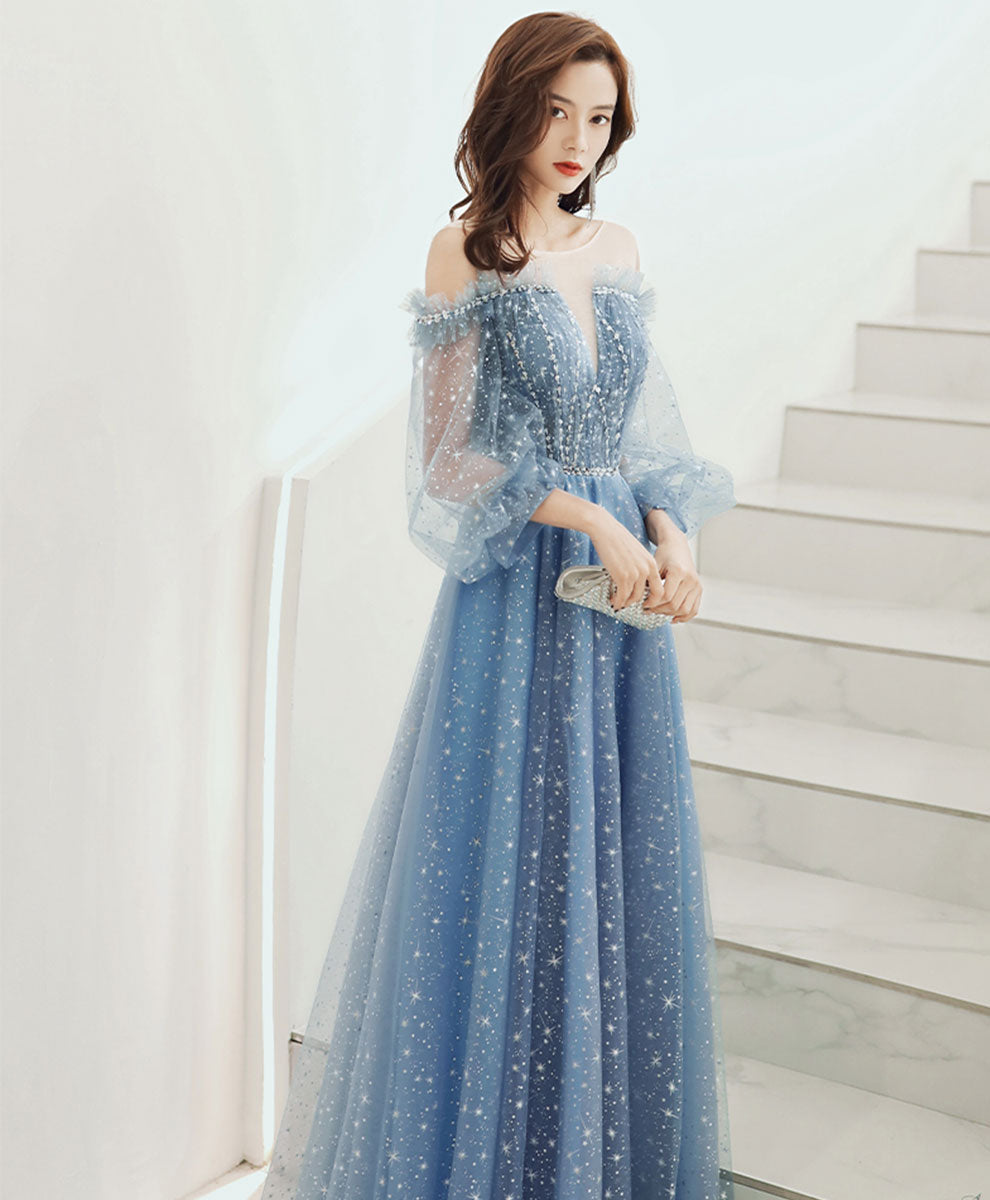 Elegant Blue Round Neck Tulle Sequin Long Prom Dress for Evening Gala & Formal Events | Perfect for Homecoming, Wedding Guest & Special Occasions