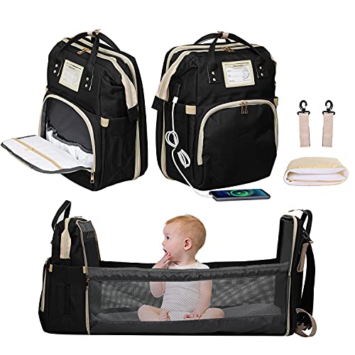 Premium Diaper Backpack for Baby Boys & Girls - Large Capacity Waterproof Travel Backpack with USB Charging Port, Folding Crib & Stroller Straps - Perfect for Parents On-The-Go (Black) | Ideal for Daycare, Travel, Shopping & Outdoor Adventures