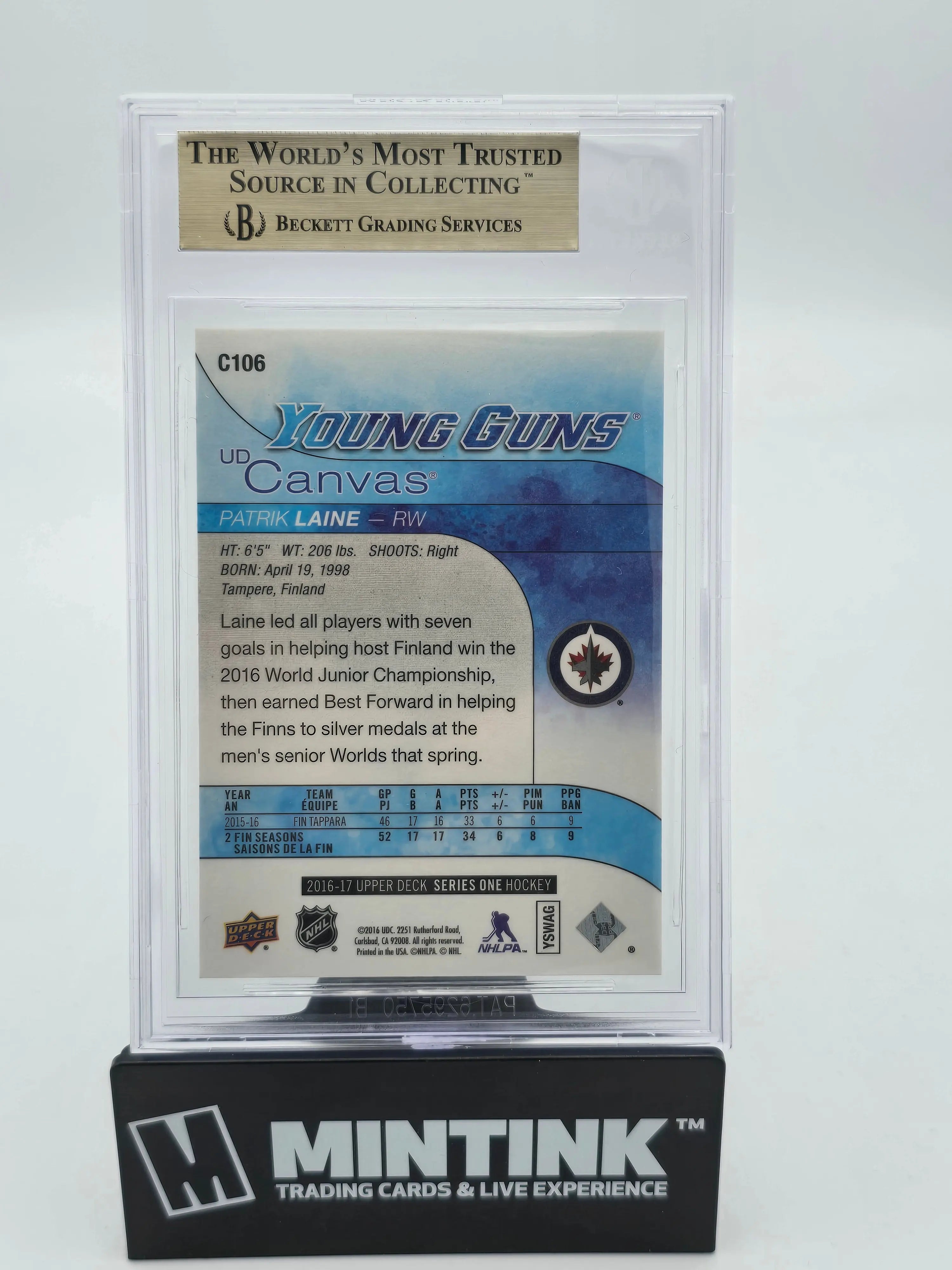 2016-17 Upper Deck Series One UD Canvas Young Guns RC Patrik Laine BGS 10 Gem Mint Hockey Trading Card - Perfect for NHL Collectors, Sports Memorabilia Enthusiasts & Investment Portfolio