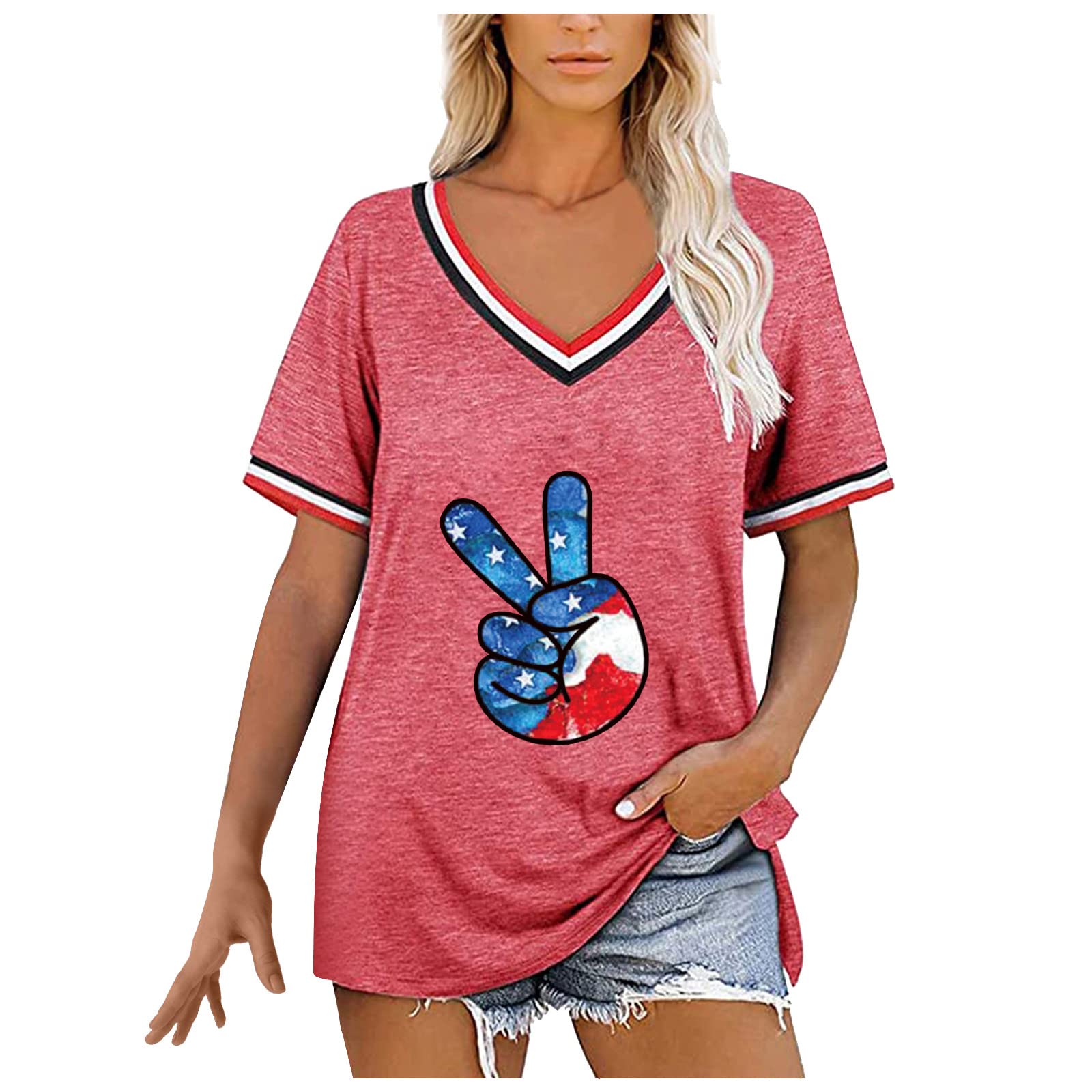 Ylioge Women's American Flag Printed Casual Short Sleeve V-Neck T-Shirt | Cute Summer Top for Women | Perfect for 4th of July, Beach Outings & Patriotic Events