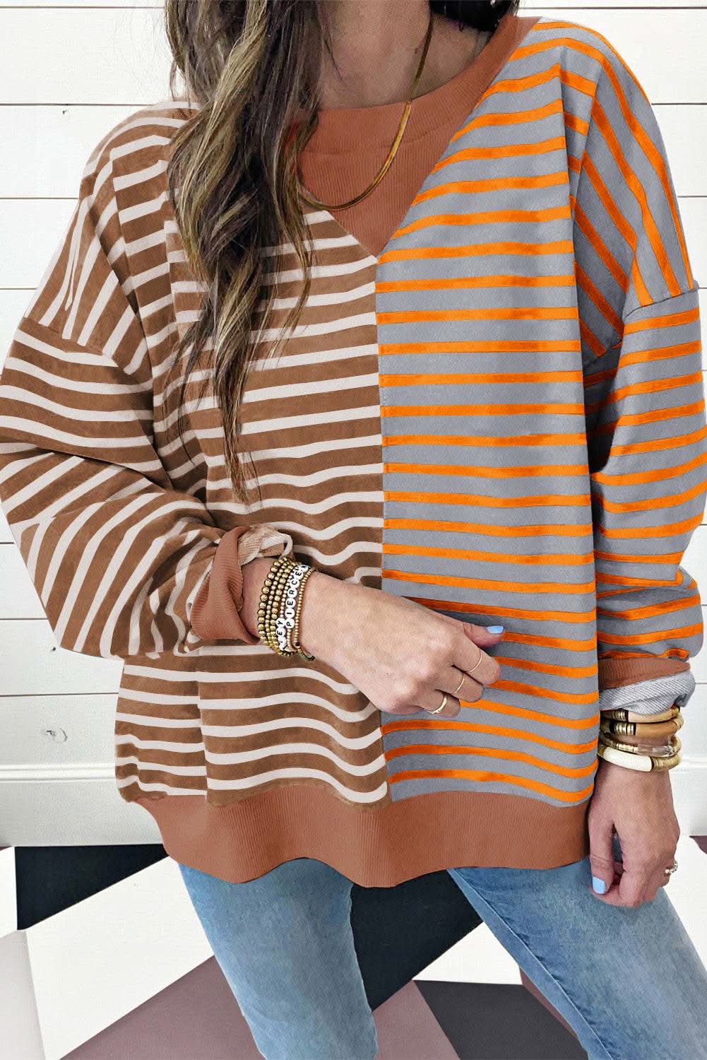 Brown Stripe Oversized Sweatshirt for Women - Soft Cotton Pullover Hoodie with Pocket | Cozy Loungewear, Casual Streetwear & Fall Layering Essential