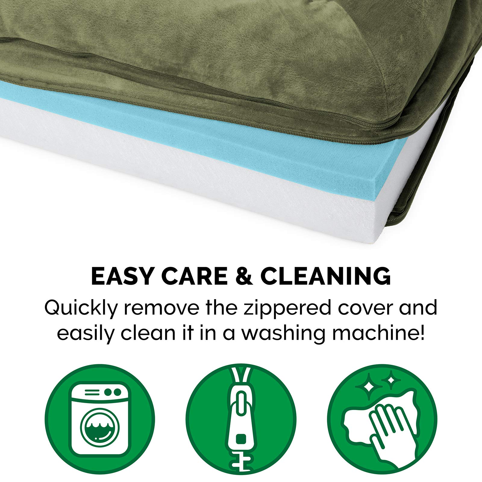 Furhaven Cooling Gel Dog Bed for Large & Medium Dogs - Removable Bolsters & Washable Cover - Supports Up to 55 lbs - Faux Fur & Velvet Sofa Style - Dark Sage (Large) - Perfect for Hot Weather & Indoor Comfort