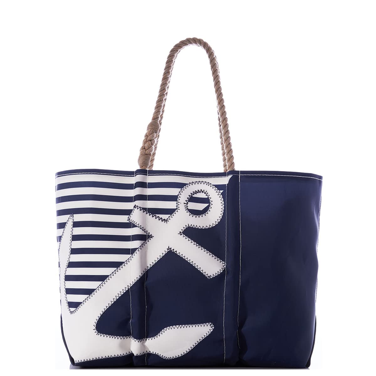Eco-Friendly Recycled Sailcloth Breton Stripe Tote Bag with Anchor Print - Large White Beach Bag for Women, Spacious Work Tote & Travel Bag with Rope Handles | Perfect for Beach Trips, Office Commute & Weekend Getaways