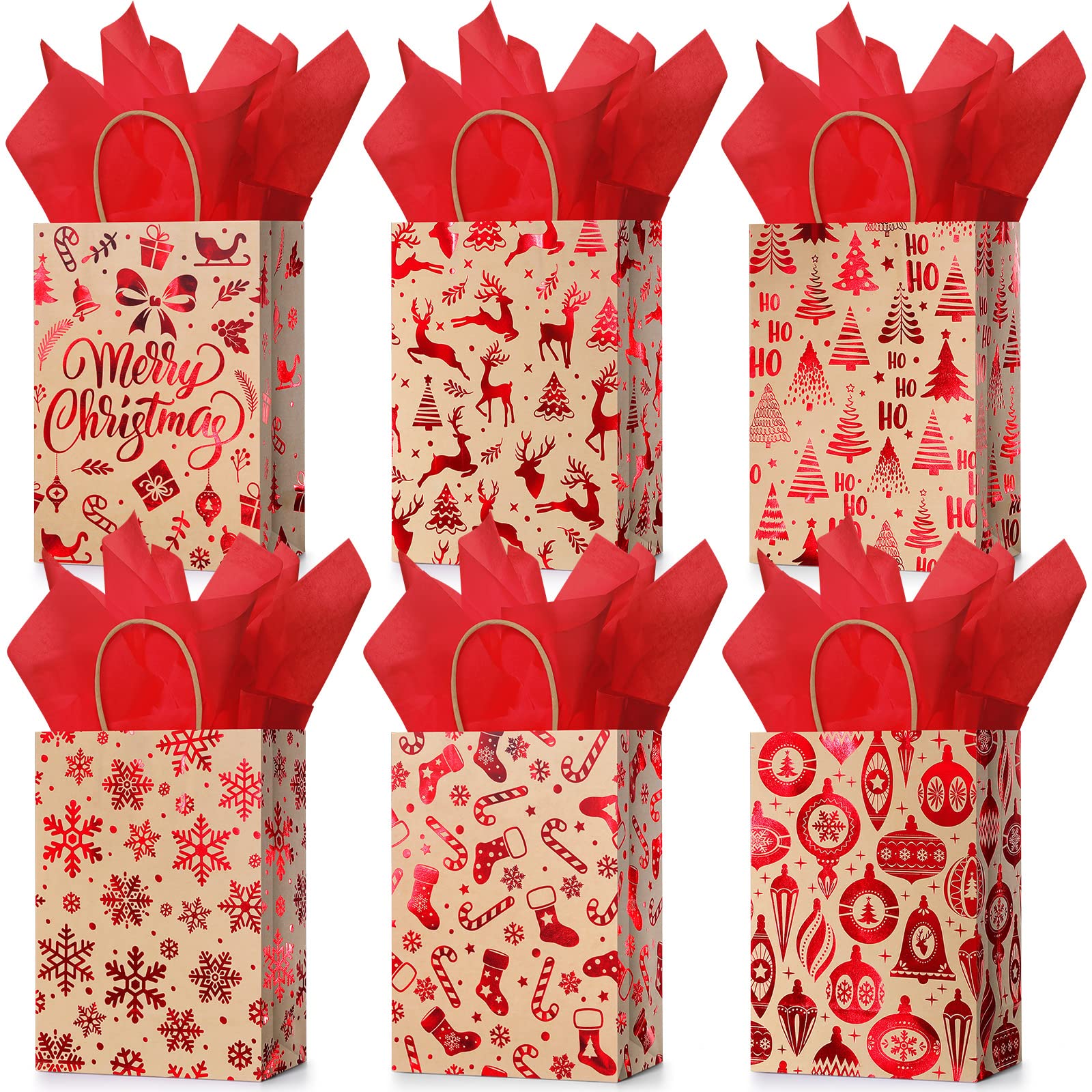 24 Pcs Christmas Gift Bags with Tissue Paper - Merry Christmas Kraft Paper Goodie Bags with Handles for Holiday Party Supplies (Red Snowflake, Small) | Perfect for Christmas Gifts, Office Party Favors & Festive Wrapping