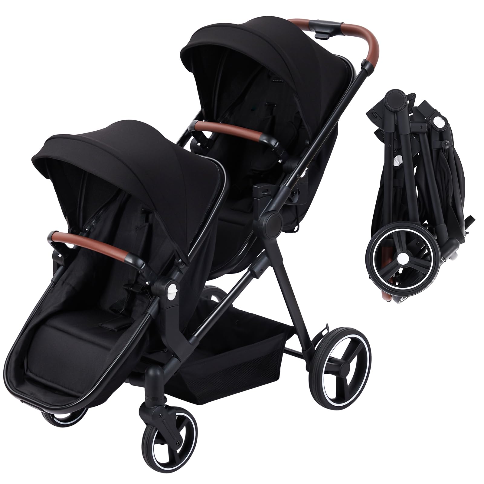 Double Stroller for Infants and Toddlers | Foldable Tandem Baby Stroller with Reversible Seat & Bassinet | Large Storage Basket, Adjustable Canopy & Backrest | Perfect for Twins, Siblings or Newborns | Ideal for Shopping, Travel & Daily Walks (Black)