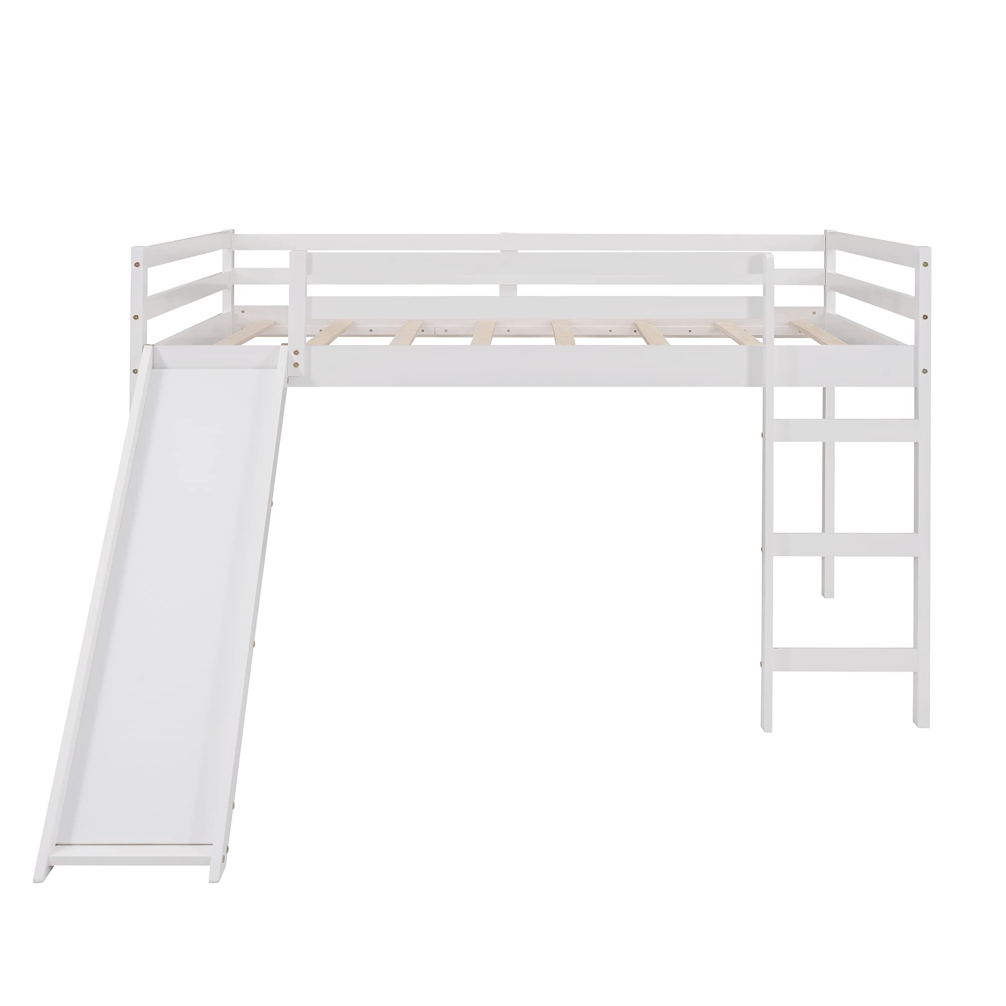 P PURLOVE Full Size Wooden Loft Bed with Slide - Sturdy Twin Loft Bed Frame for Kids & Teens, No Box Spring Required (White) | Space-Saving Bedroom Furniture for Small Rooms, Dorm & Playroom