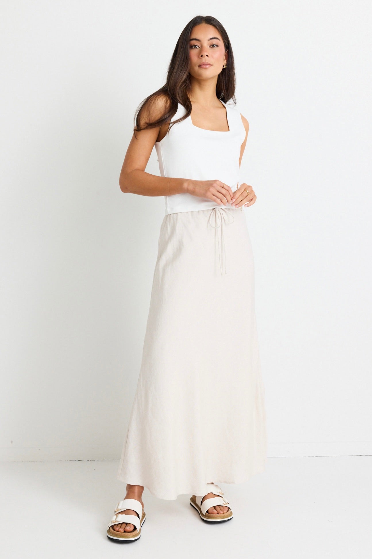 Summit Natural Linen Blend Tie Waist Bias Maxi Skirt for Women - Comfortable Summer Beach Dress with Pockets - Perfect for Vacation, Boho Outfits & Casual Wear
