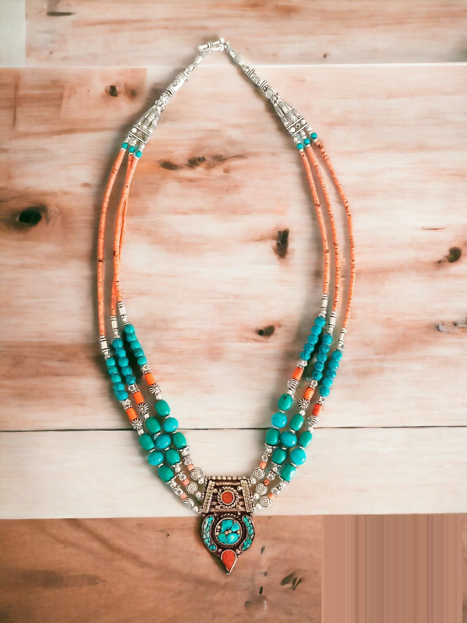 Handmade Tibetan Silver Bohemian Necklace with Turquoise & Coral Gemstones - 18