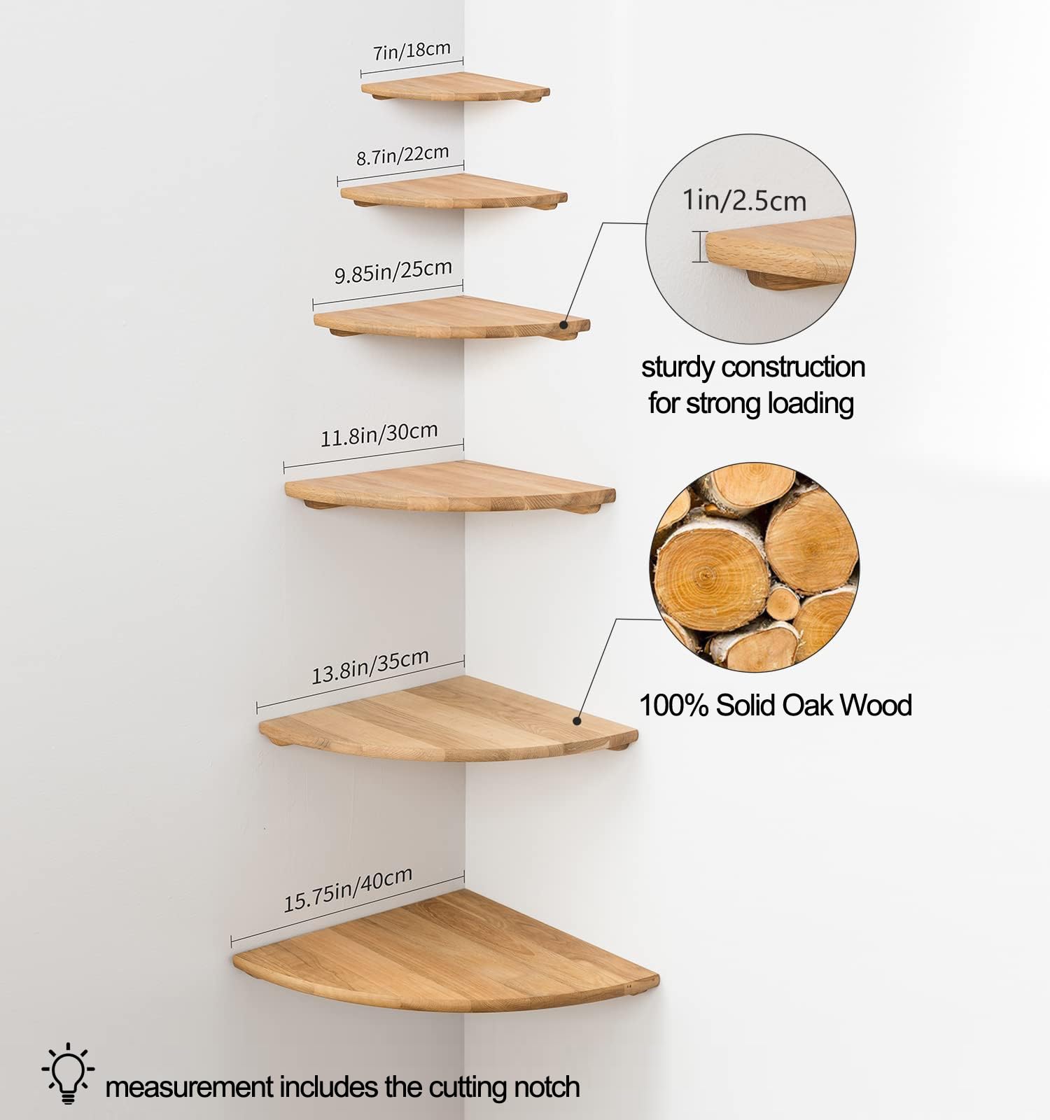 9 Inch Solid Oak Wood Floating Corner Shelf - Wall Mount Round End Shelf with Wire Hole for Small Plants, Photo Frames, Speakers - Perfect for Bedroom, Kitchen & Living Room Decor