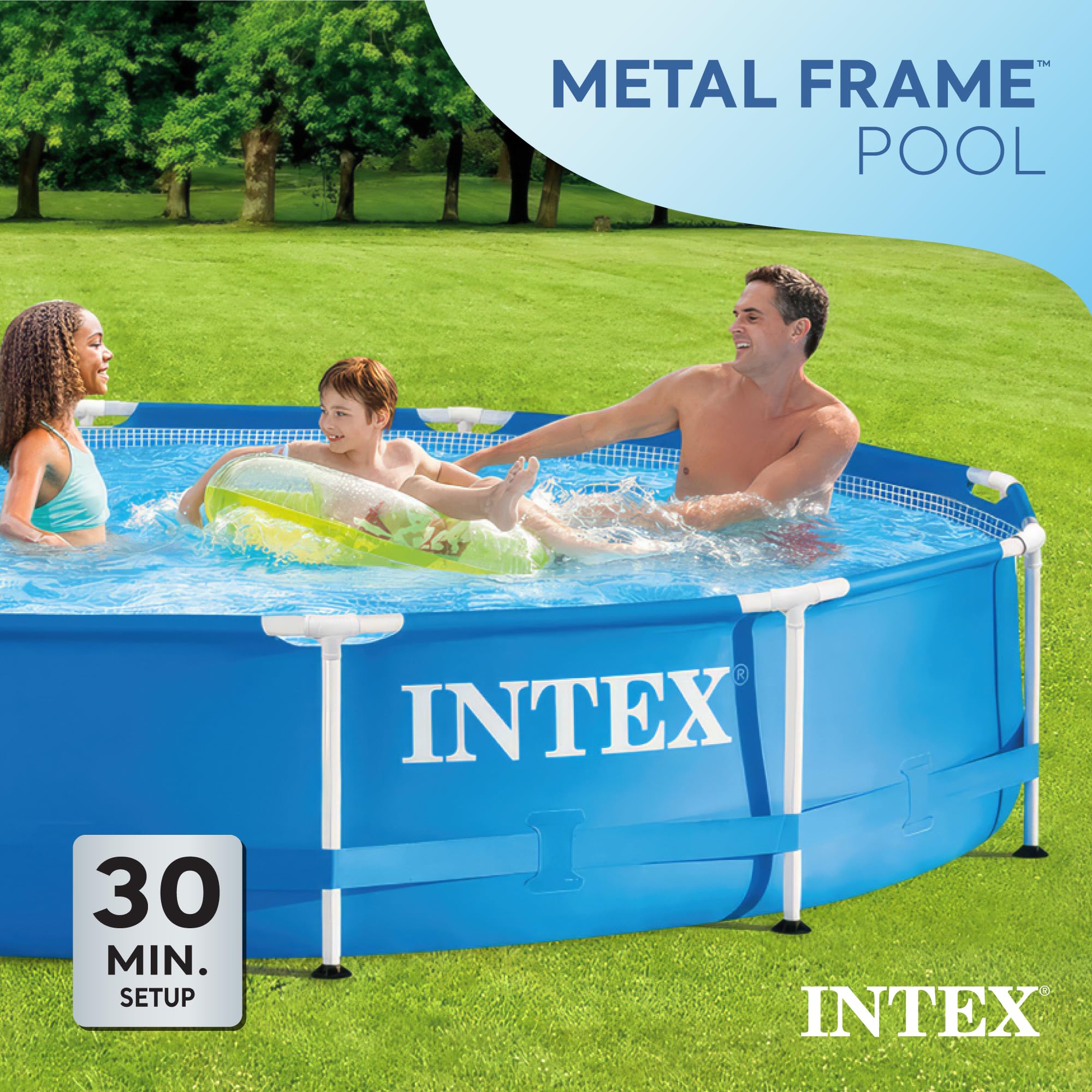 Intex 12ft x 30in Round Metal Frame Above Ground Swimming Pool for Adults & Kids - Outdoor Backyard Family Pool for Summer Fun, Ages 6+ (Blue) - Perfect for Backyard Parties, Summer Cooling, and Family Bonding
