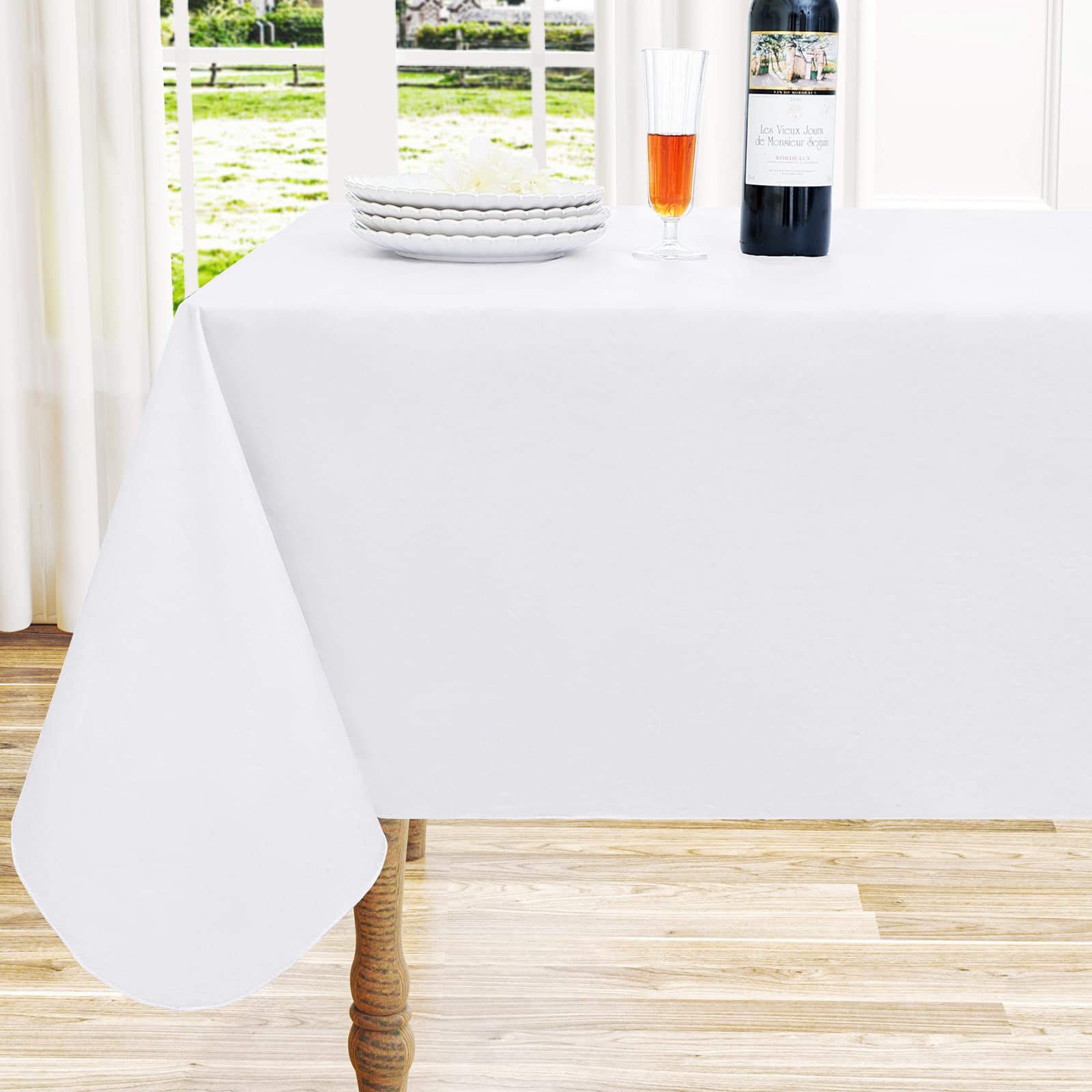 Premium Rectangle Vinyl Tablecloth - Waterproof & Spillproof Dining Table Cover with Soft Flannel Backing - Easy Wipe Clean for Buffet Parties, Camping, Picnics & Outdoor Events (White, 60x84 Inches) - Perfect for Indoor Dining, Outdoor Gatherings & Holiday Decorations