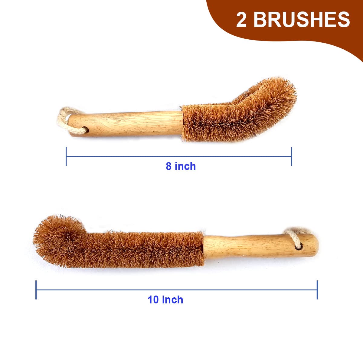 Natural Coconut Fiber Scrub Brush Set - Wooden Handle for Dish, Bottle & Veggie Cleaning - Pack of 2