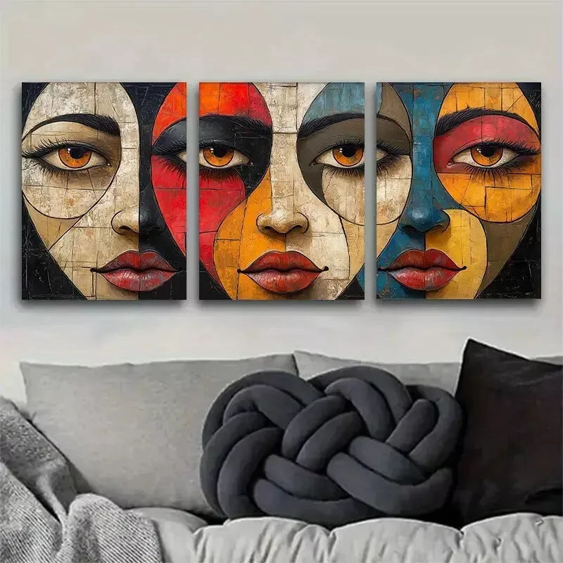 3-Piece Colorful Face Charm Artistic Style Wall Art Set - Framed Canvas 50x70cm (20x28in) - High Quality Print - 100% Australian Made - Ready to Hang - Perfect for Living Room, Bedroom & Office Decor