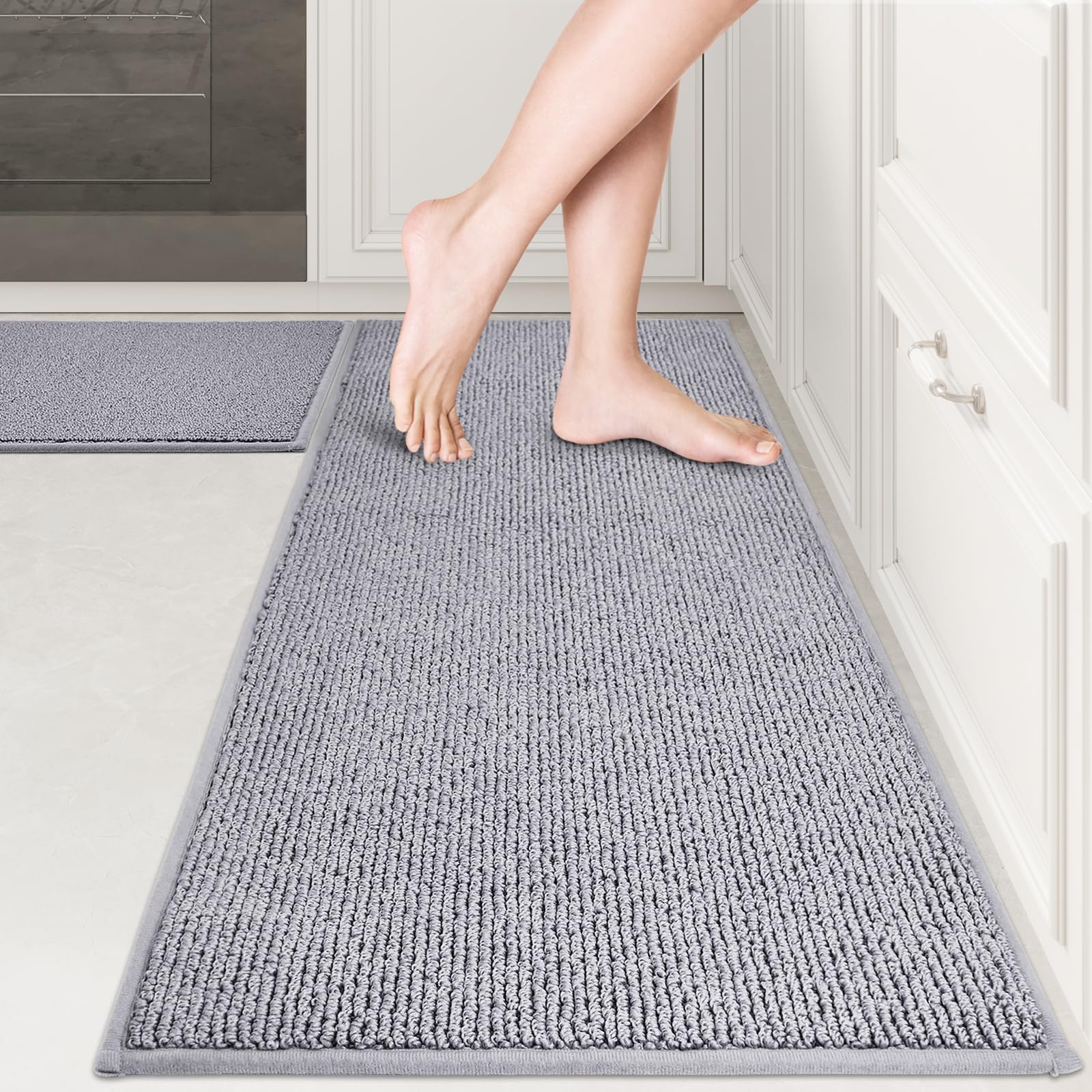 PURRUGS Machine Washable Non-Slip Kitchen Rugs Set of 2 (17x30 + 17x48 Inch) - Super Absorbent Anti-Skid Floor Mats for Sink, Laundry & High Traffic Areas - Soft Grey Runner Rugs for Home & Kitchen Decor