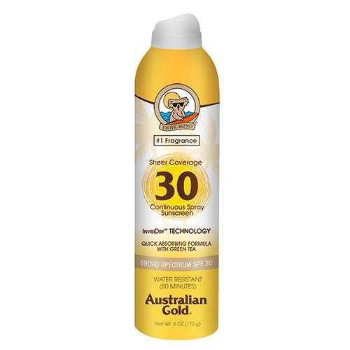 Australian Gold Continuous Spray Sheer Sunscreen SPF 30 - 6 oz | Broad Spectrum UVA/UVB Protection | Water-Resistant | Lightweight & Non-Greasy | Perfect for Beach, Pool & Outdoor Activities