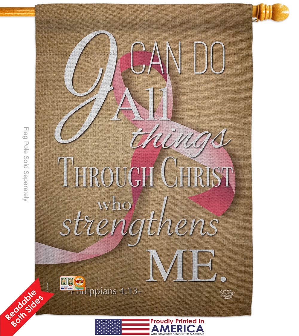 Inspirational Pink Ribbon House Flag Set - 'I Can Do All Things Through Christ' - Support Cancer, Autism & Breast Cancer Awareness - Double-Sided 28x40 Inch Made in USA - Perfect for Yard Decor, Survivor Gifts & BLM Support