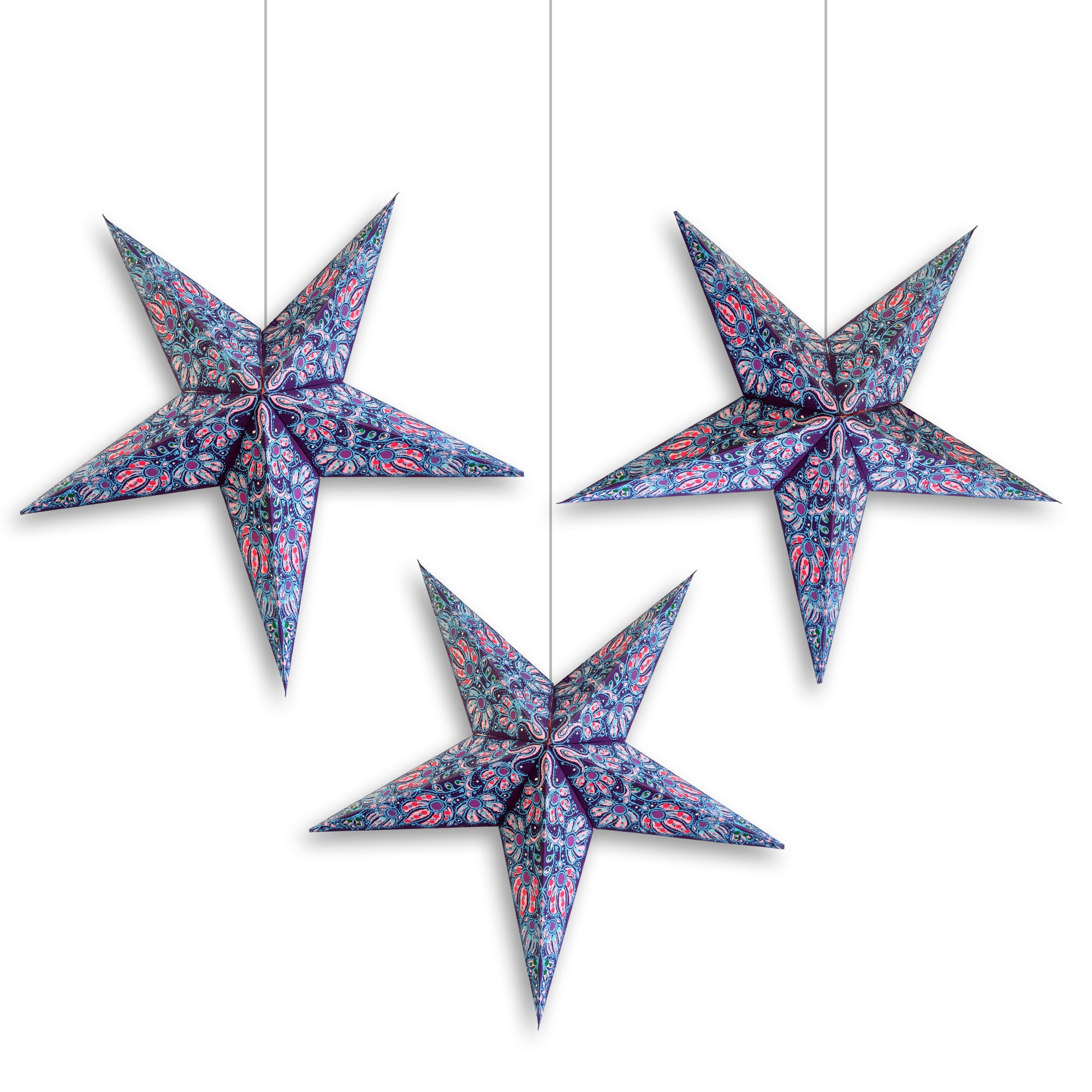3 Pack 24 Inch Paper Star Lanterns - Pink Purple Aurora Hanging Decor with Triple Pendant Lights | Perfect for Bedroom, Wedding, Party & Indoor Outdoor Decoration