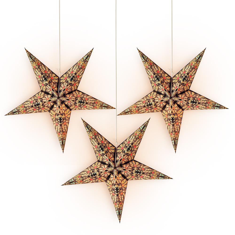 3 Pack 24 Inch Black & Gold Marine Paper Star Lanterns - LED Bulbs & Lamp Cord Included - Perfect for Patio, Garden, Wedding & Party Decorations