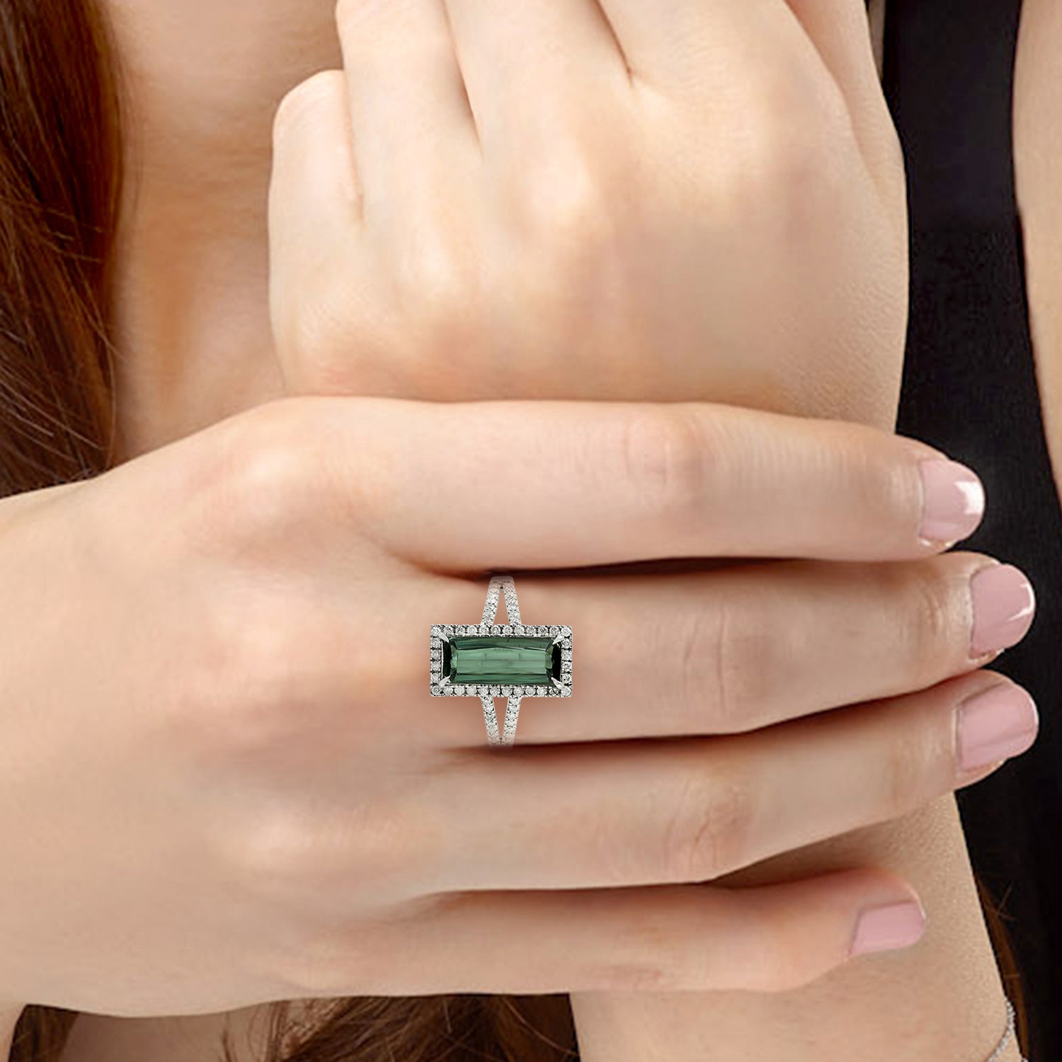 18K White Gold Baguette Cut Tourmaline & Diamond Cocktail Ring for Women | Elegant Statement Jewelry for Parties, Weddings & Special Occasions