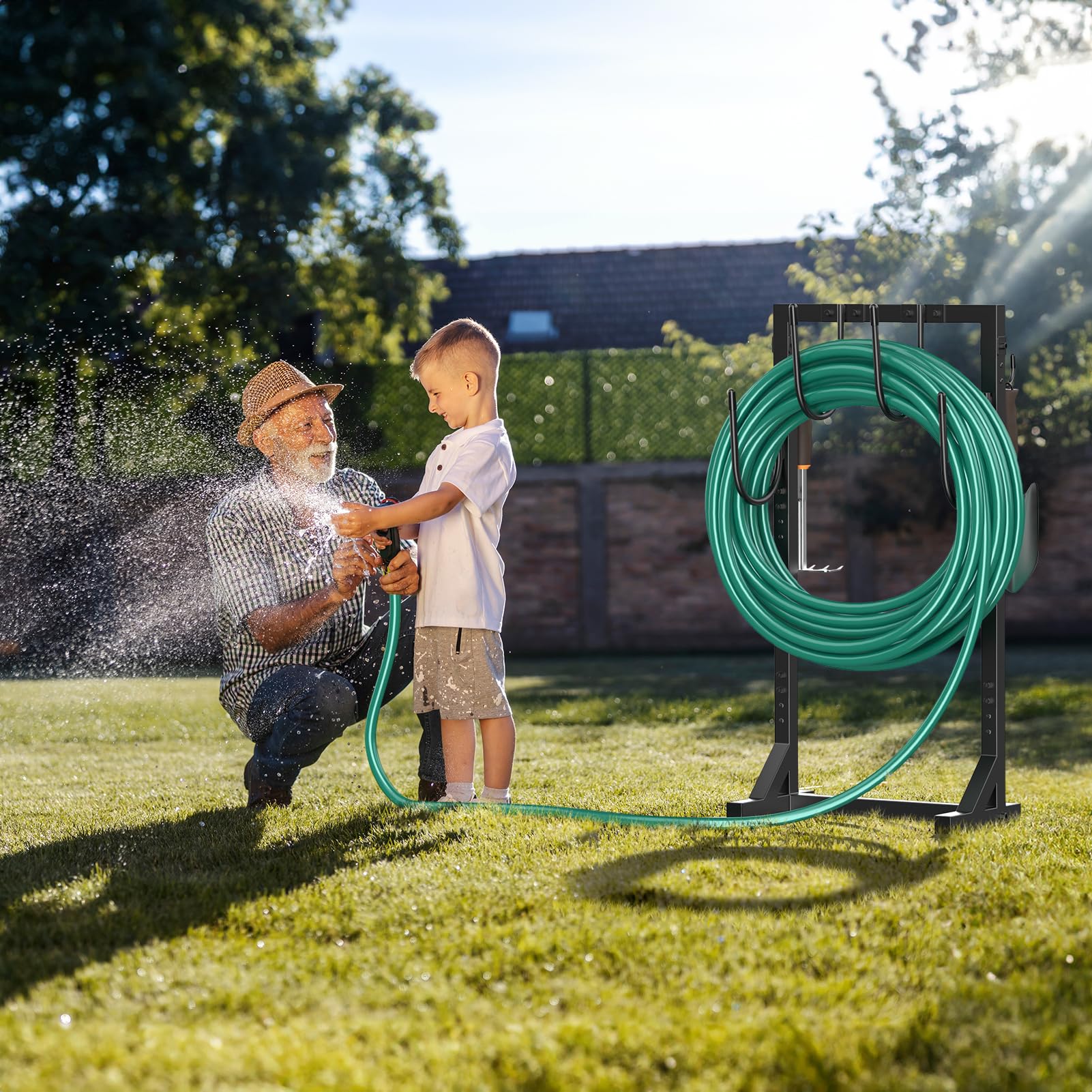 Heavy Duty Freestanding Garden Hose Holder with 4 Spikes & 6 Hooks - Outdoor Metal Water Hose Storage Stand Hanger for Yard, Lawn, and Garden (Black) | Perfect for Organizing Garden Hoses, Sprinklers, and Watering Tools
