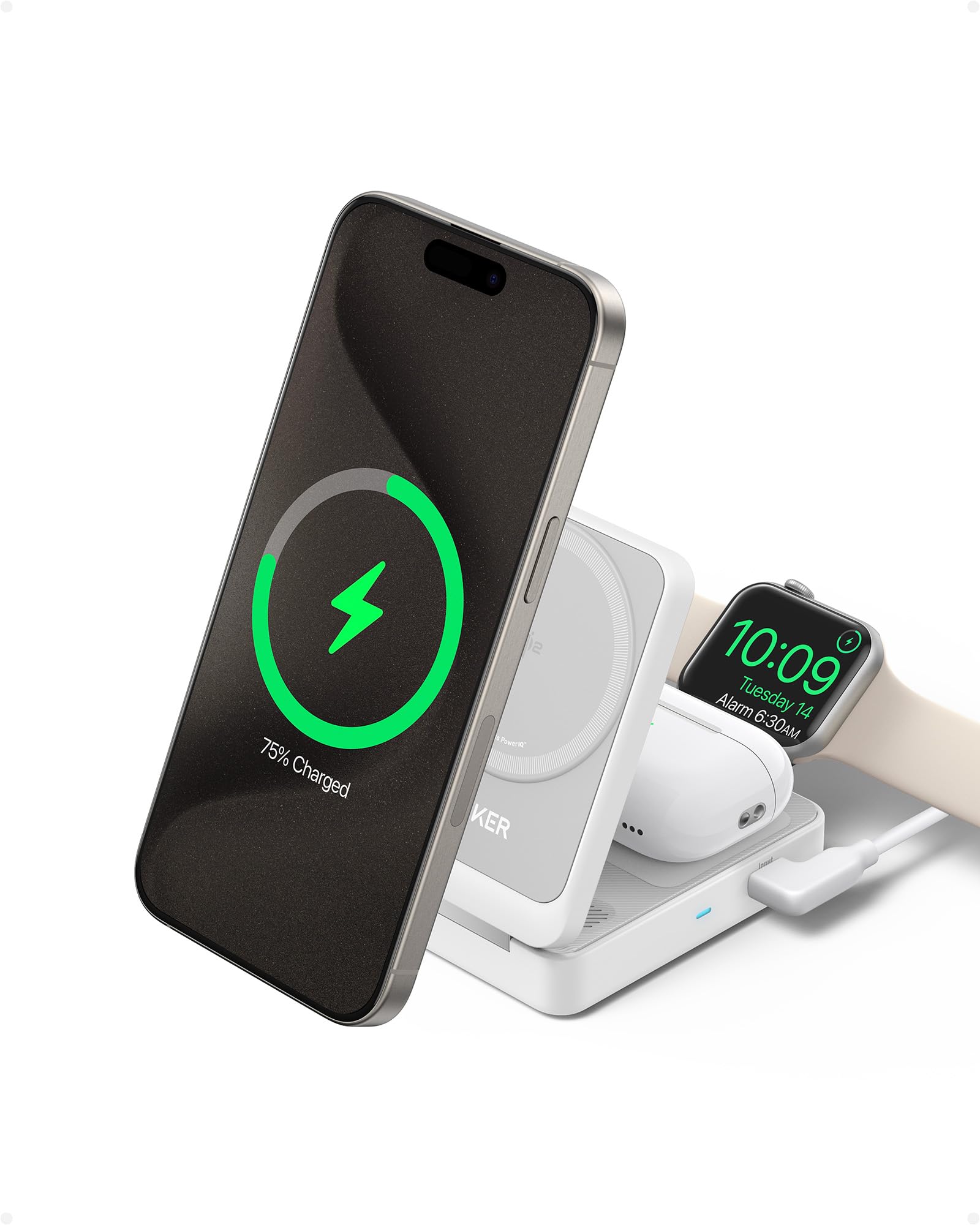 Anker MagGo 3-in-1 Wireless Charging Station with MagSafe | Qi2 Certified 15W Fast Charging | Compatible with iPhone 16/15, AirPods & Apple Watch | Includes 40W USB-C Adapter | Perfect for Home, Office & Travel Charging