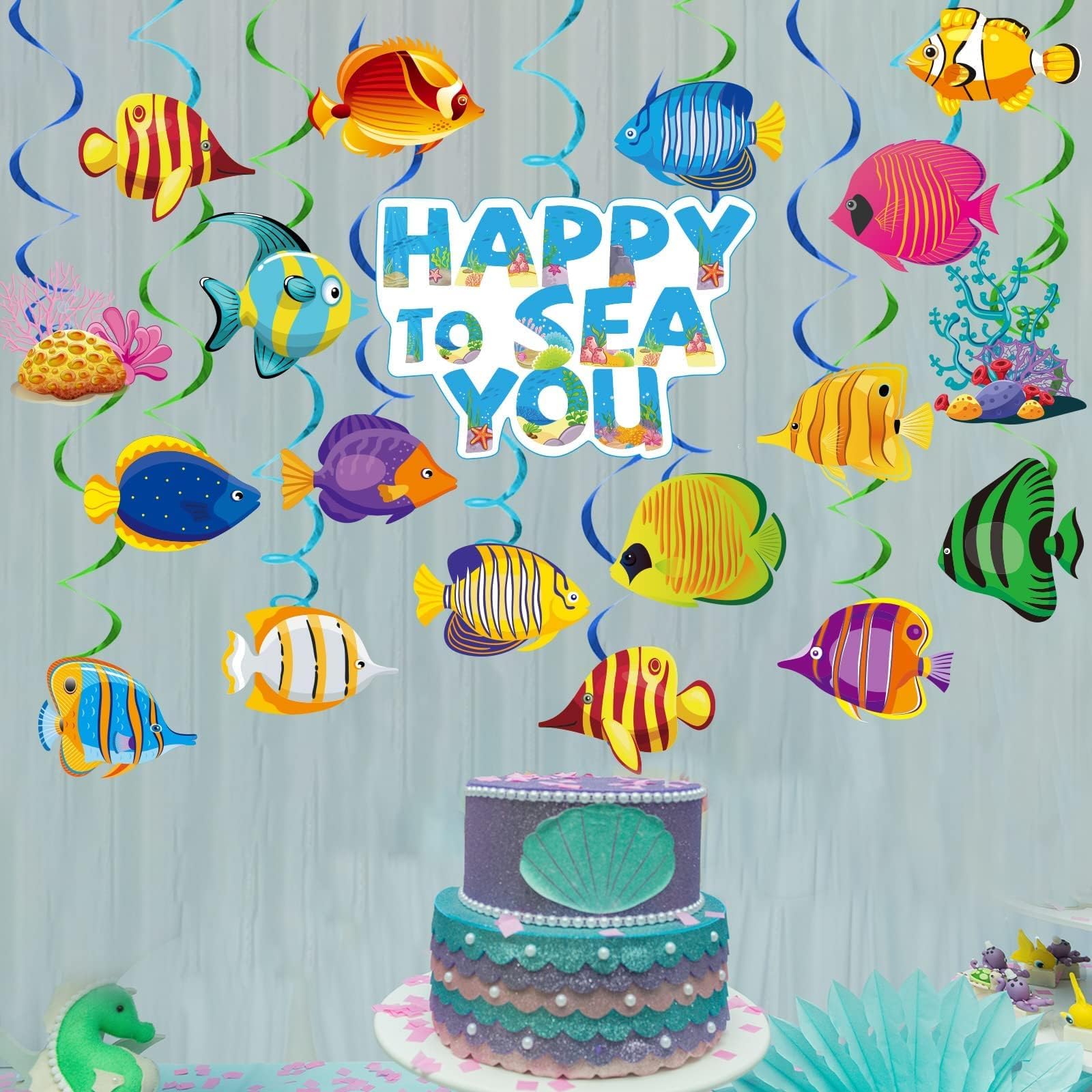 66 Pcs Tropical Fish Hanging Ceiling Swirls - Under The Sea Party Decorations, Ocean Themed Spiral Decor for Kids, Boys & Girls - Perfect for Mermaid Birthday Parties, Ocean Creature Themed Events & Classroom Decorations